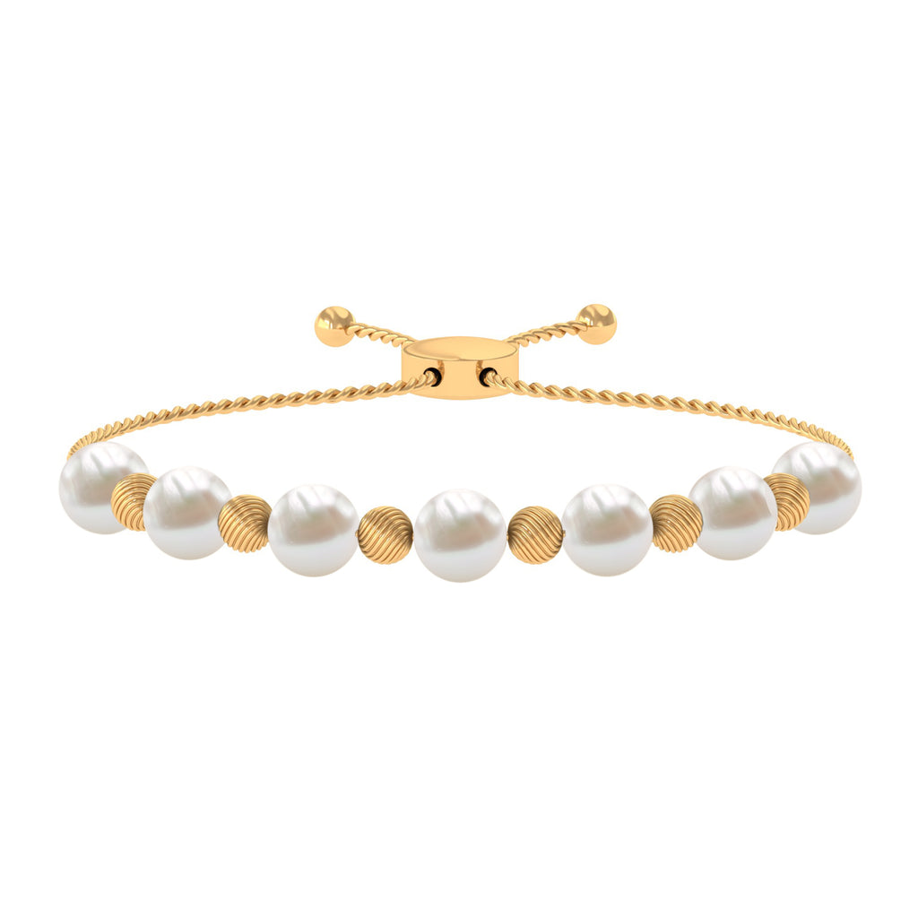 Freshwater Pearl Bolo Bracelet with Gold Textured Beaded Freshwater Pearl - ( AAA ) - Quality - Rosec Jewels