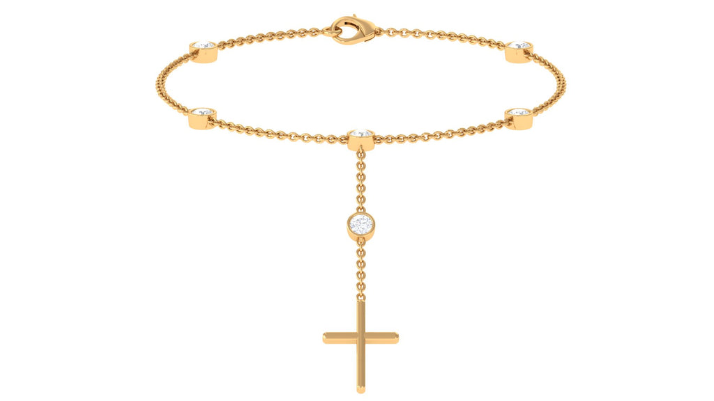 Cubic Zirconia Station Chain Bracelet with Gold Cross Charm Zircon - ( AAAA ) - Quality - Rosec Jewels