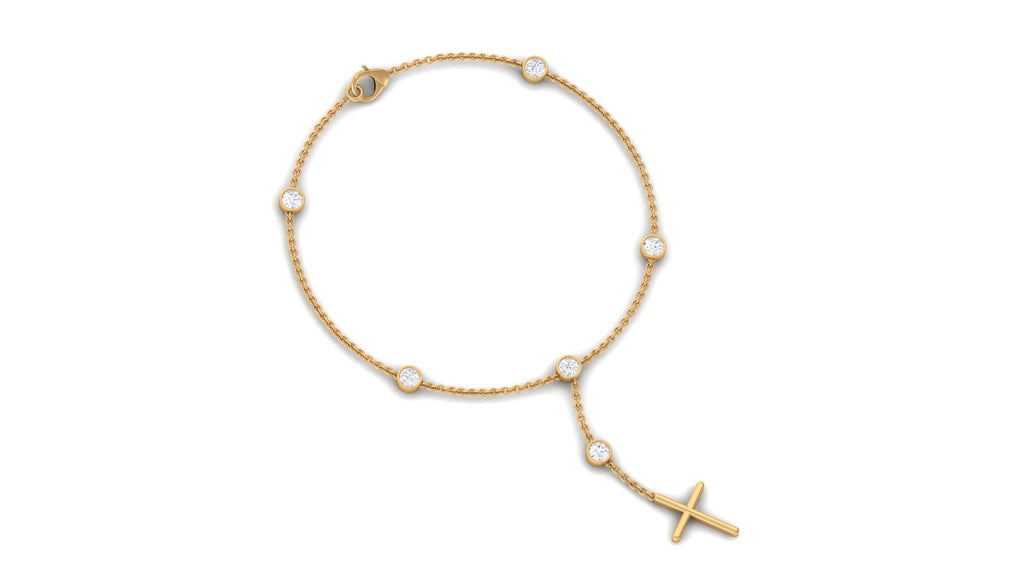 Cubic Zirconia Station Chain Bracelet with Gold Cross Charm Zircon - ( AAAA ) - Quality - Rosec Jewels