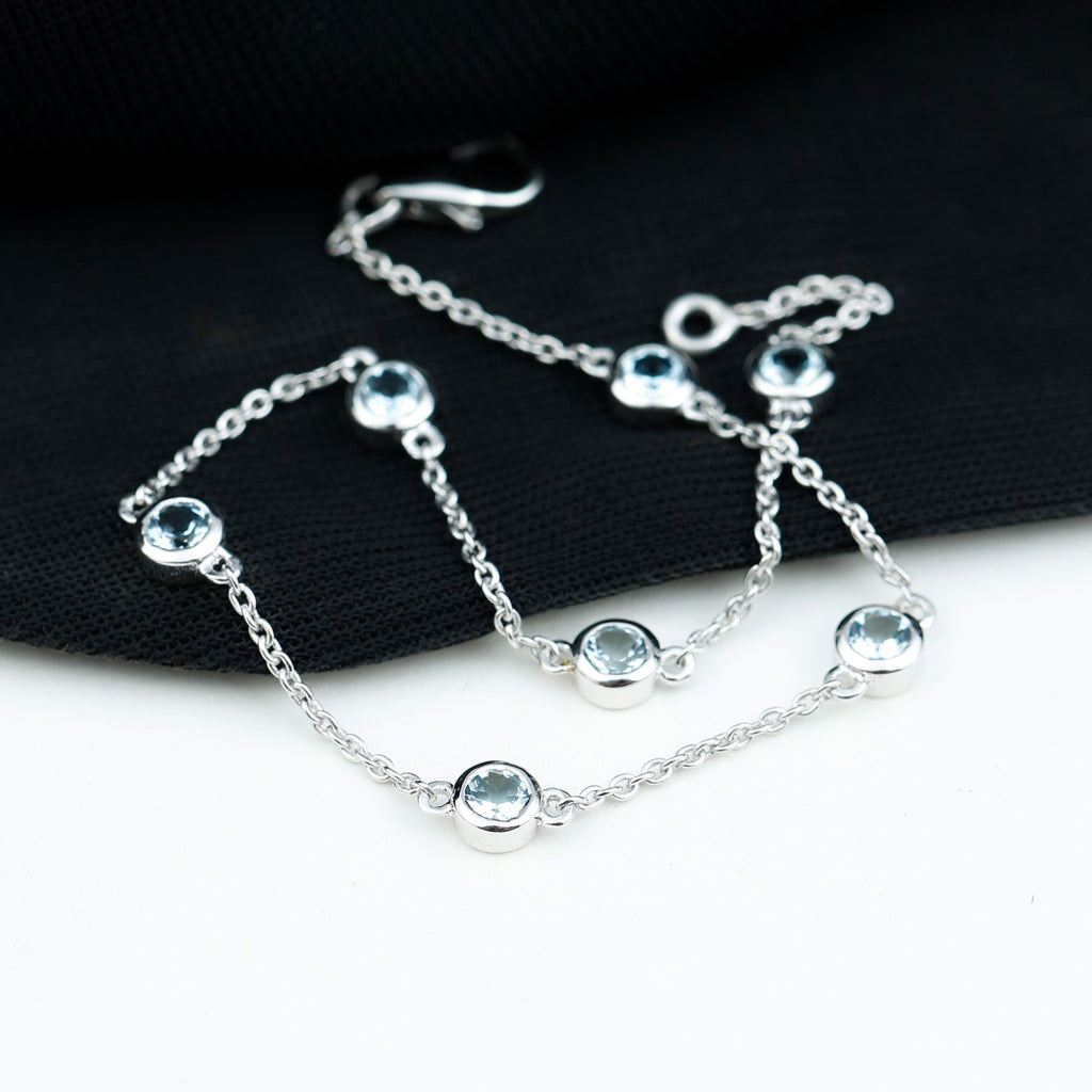 0.75 CT Bezel Set Aquamarine Seven Stone Station Chain Bracelet Aquamarine - ( AAA ) - Quality - Rosec Jewels