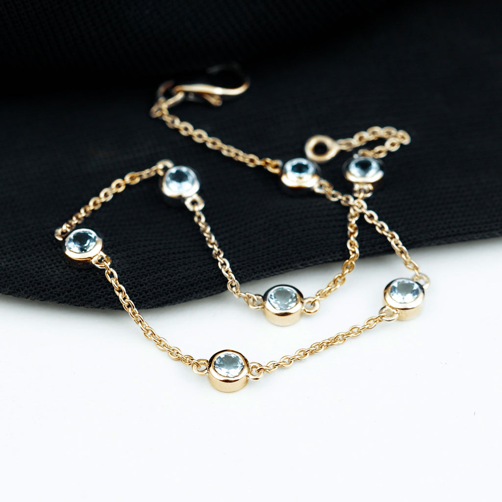 0.75 CT Bezel Set Aquamarine Seven Stone Station Chain Bracelet Aquamarine - ( AAA ) - Quality - Rosec Jewels
