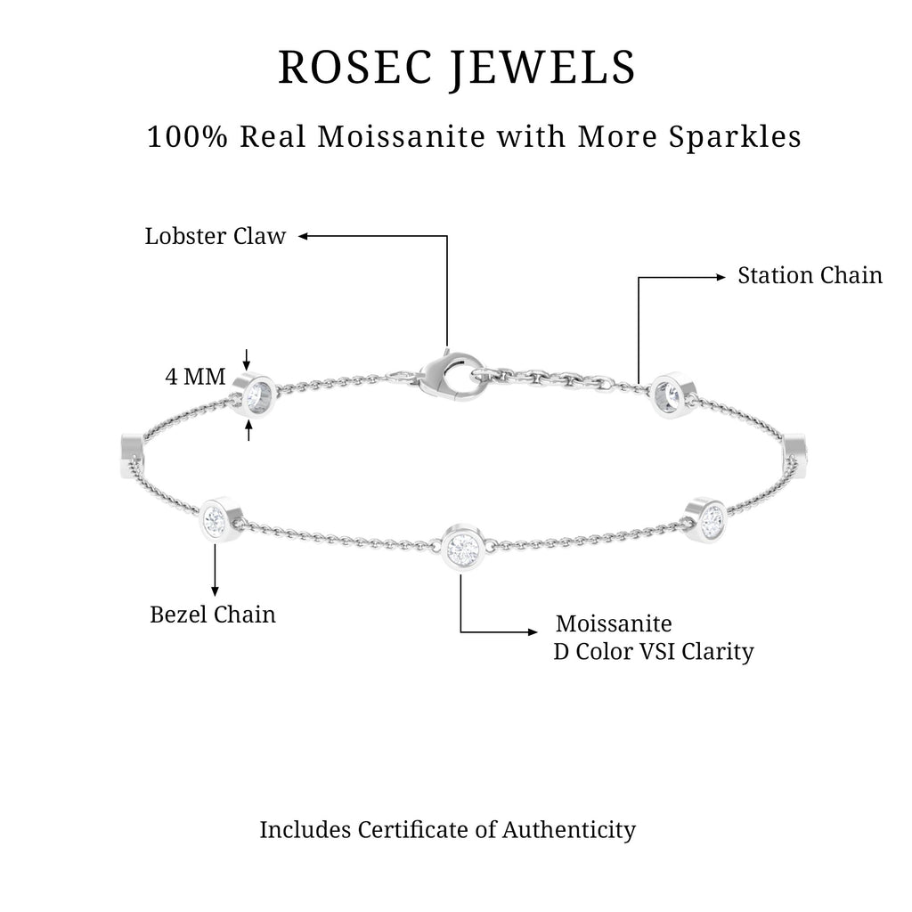 Round Moissanite Station Chain Bracelet in Bezel Setting Moissanite - ( D-VS1 ) - Color and Clarity - Rosec Jewels