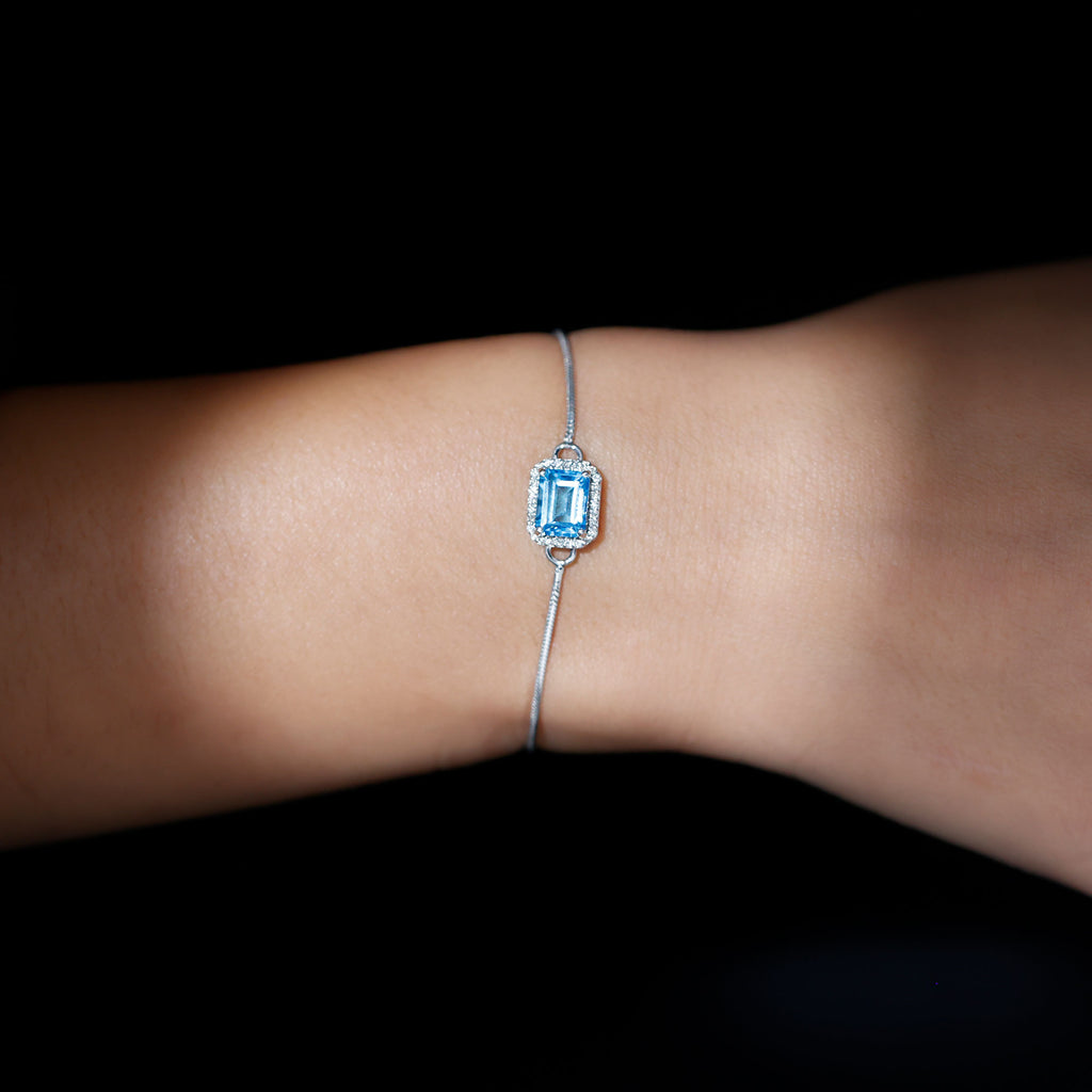 2 CT Octagon Cut Swiss Blue Topaz and Diamond Bolo Chain Bracelet Swiss Blue Topaz - ( AAA ) - Quality - Rosec Jewels