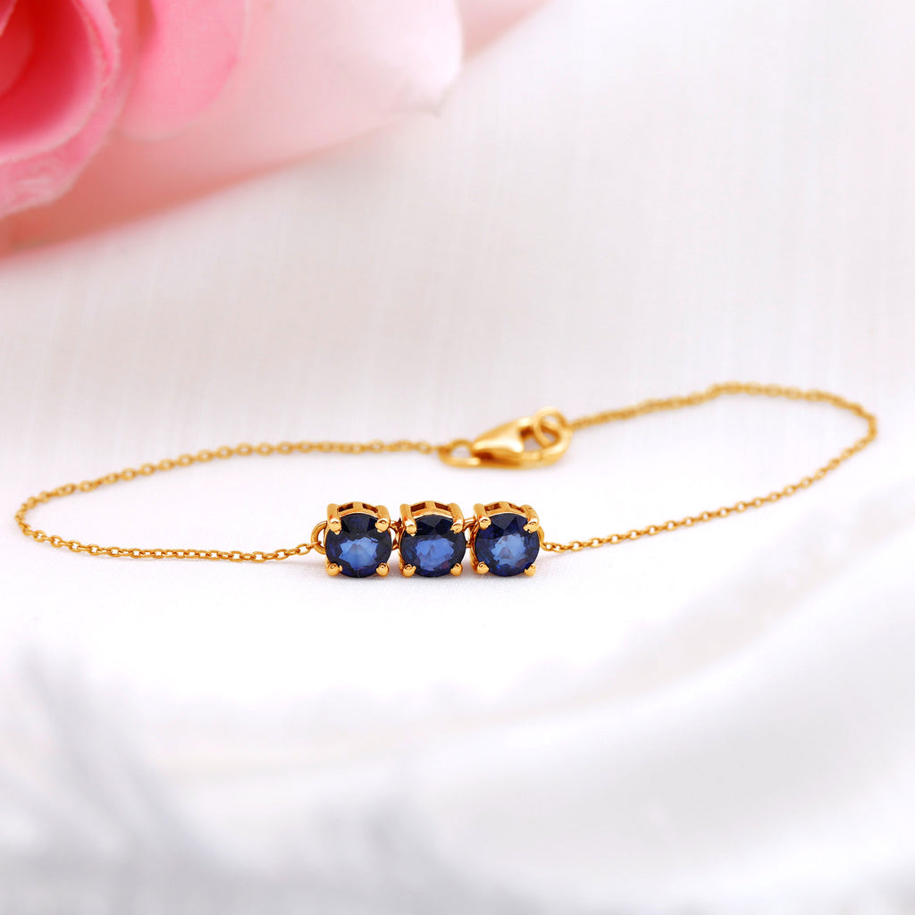 2.75 CT Blue Sapphire Three Stone Chain Bracelet Blue Sapphire - ( AAA ) - Quality - Rosec Jewels