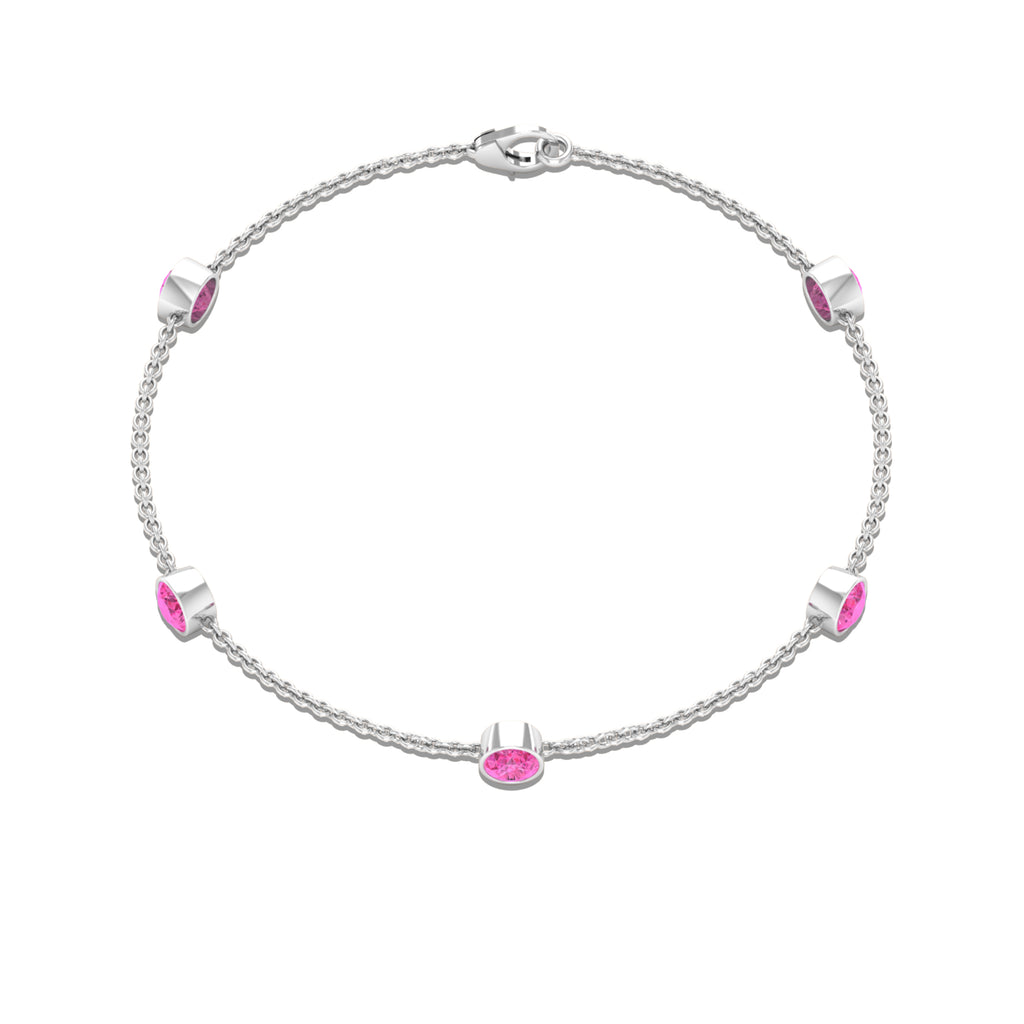 Bezel Set Pink Sapphire Five Stone Station Chain Bracelet Pink Sapphire - ( AAA ) - Quality - Rosec Jewels