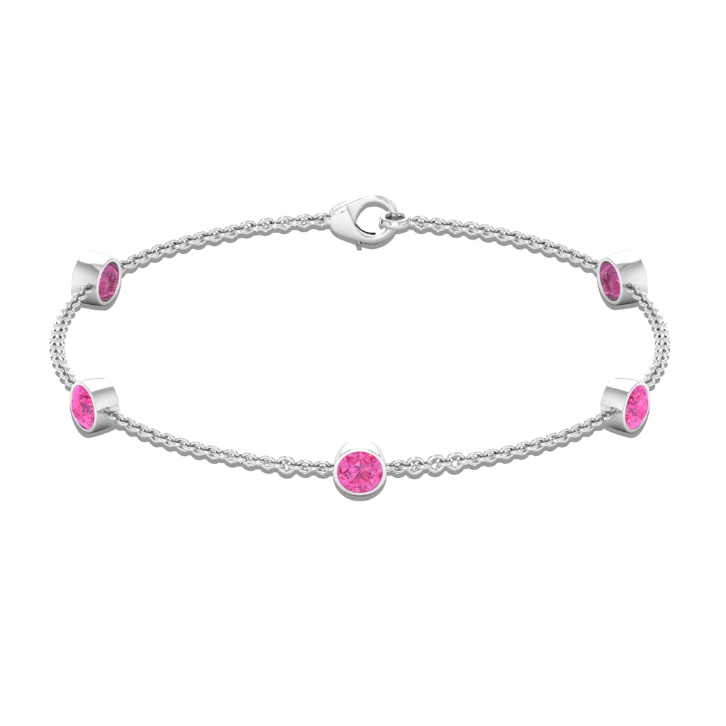 Bezel Set Pink Sapphire Five Stone Station Chain Bracelet Pink Sapphire - ( AAA ) - Quality - Rosec Jewels