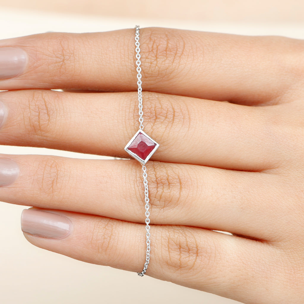 3/4 CT Minimal Princess Cut Ruby Solitaire Chain Bracelet Ruby - ( AAA ) - Quality - Rosec Jewels