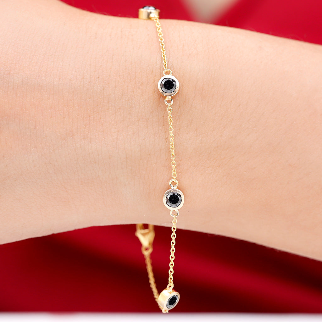 3 CT Bezel Set Black Diamond Station Chain Bracelet in Gold Black Diamond - ( AAA ) - Quality - Rosec Jewels