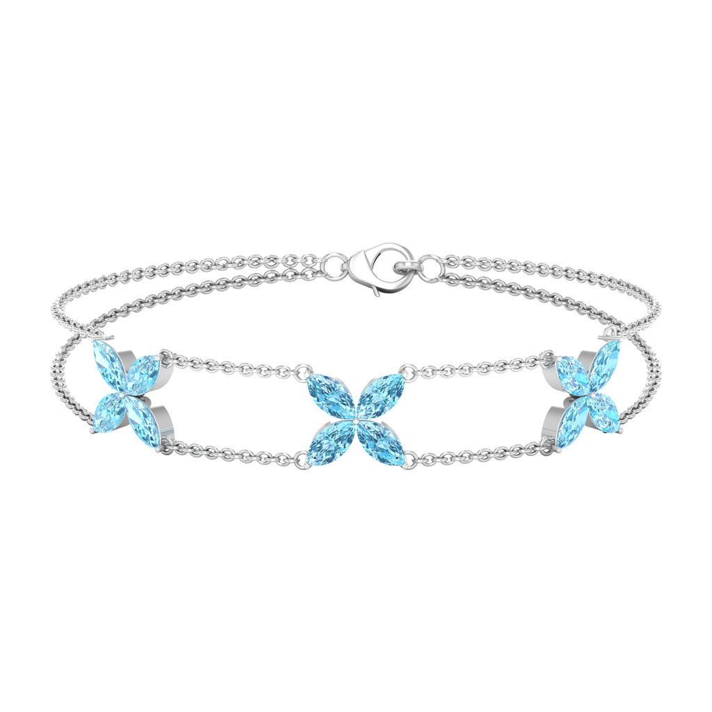 Marquise Cut Aquamarine Floral Double Chain Bracelet Aquamarine - ( AAA ) - Quality - Rosec Jewels