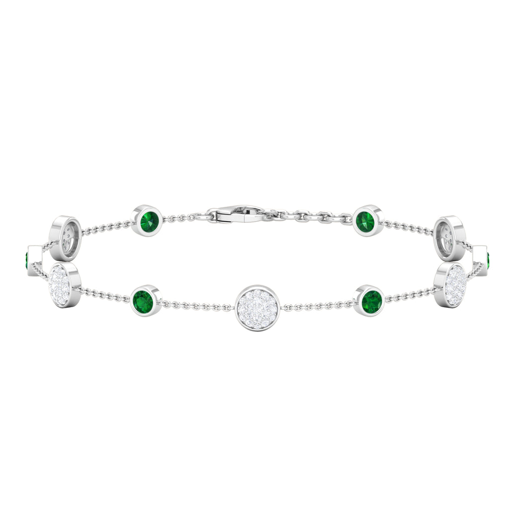Bezel Set Emerald and Diamond Station Chain Bracelet Emerald - ( AAA ) - Quality - Rosec Jewels