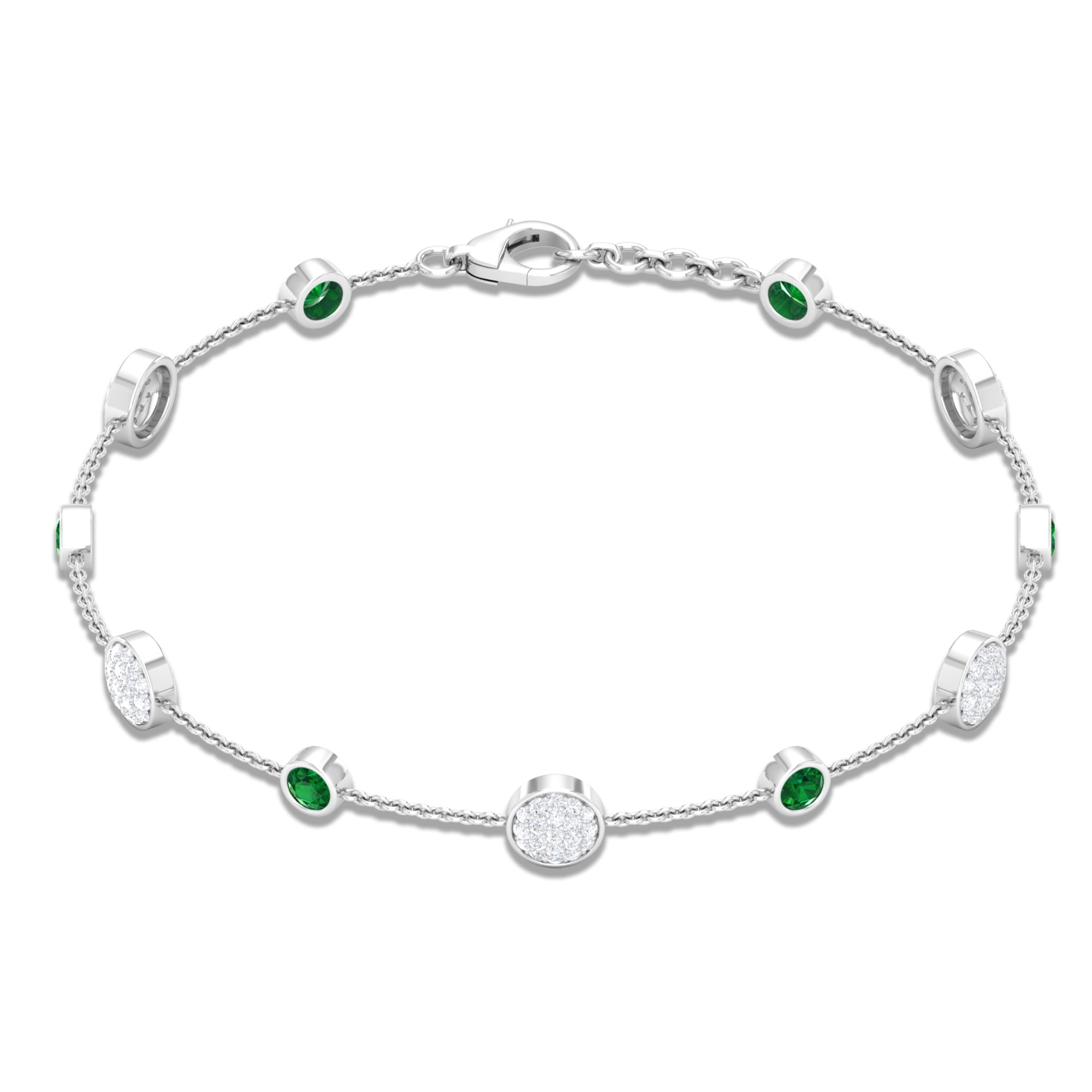 Bezel Set Emerald and Diamond Station Chain Bracelet Emerald - ( AAA ) - Quality - Rosec Jewels