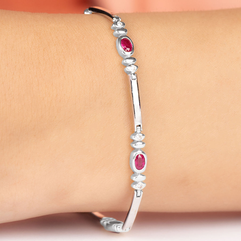 Oval Lab Grown Ruby Link Bracelet with Moissanite Lab Created Ruby - ( AAAA ) - Quality - Rosec Jewels