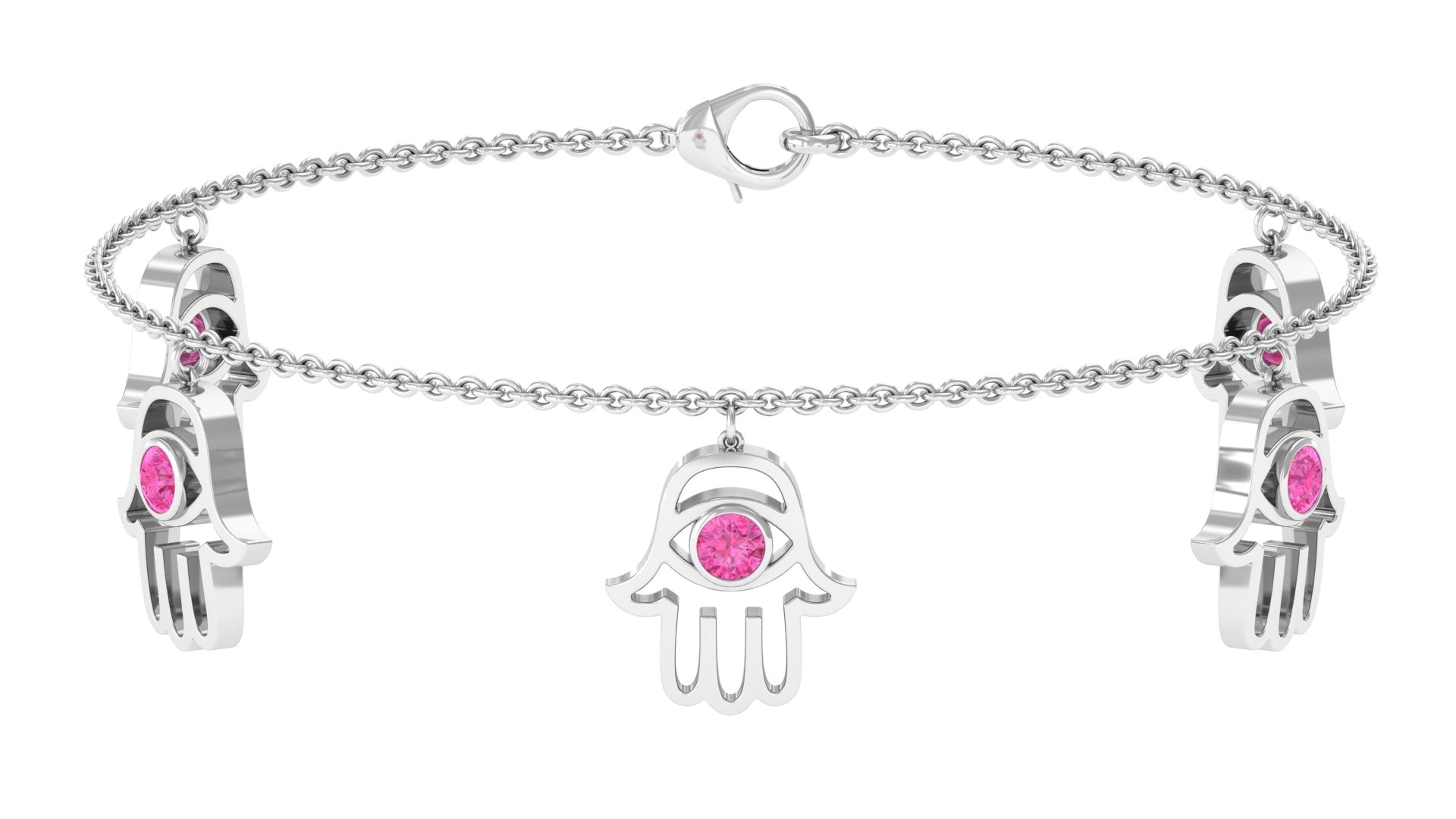 Round Pink Sapphire Hamsa Charm Bracelet Pink Sapphire - ( AAA ) - Quality - Rosec Jewels
