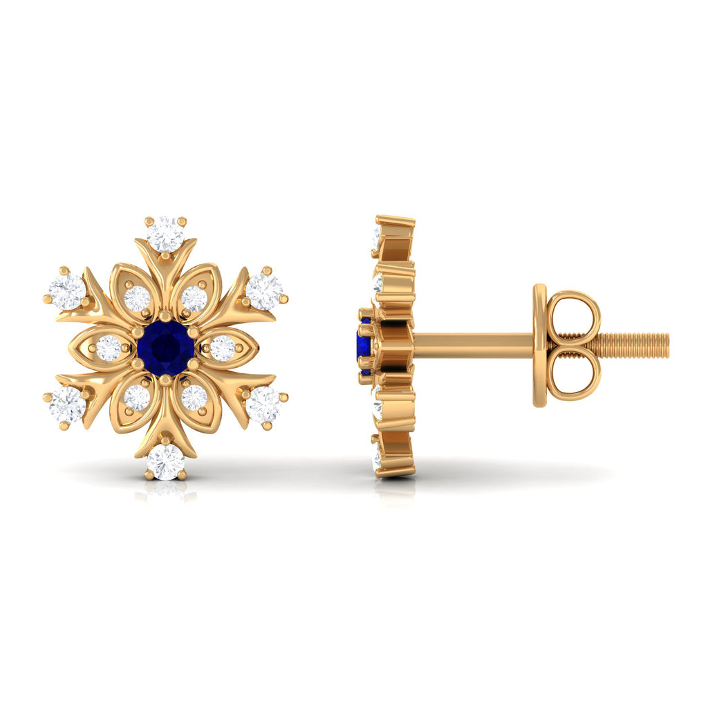 Created Blue Sapphire Snowflake Stud Earrings with Moissanite Lab Created Blue Sapphire - ( AAAA ) - Quality - Rosec Jewels