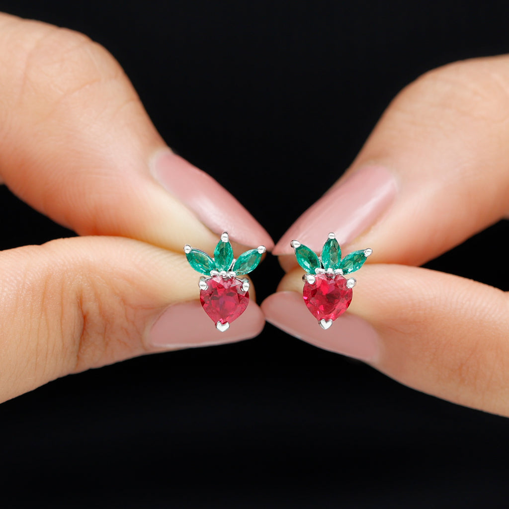 2 CT Created Ruby and Created Emerald Cute Strawberry Earrings Lab Created Ruby - ( AAAA ) - Quality - Rosec Jewels