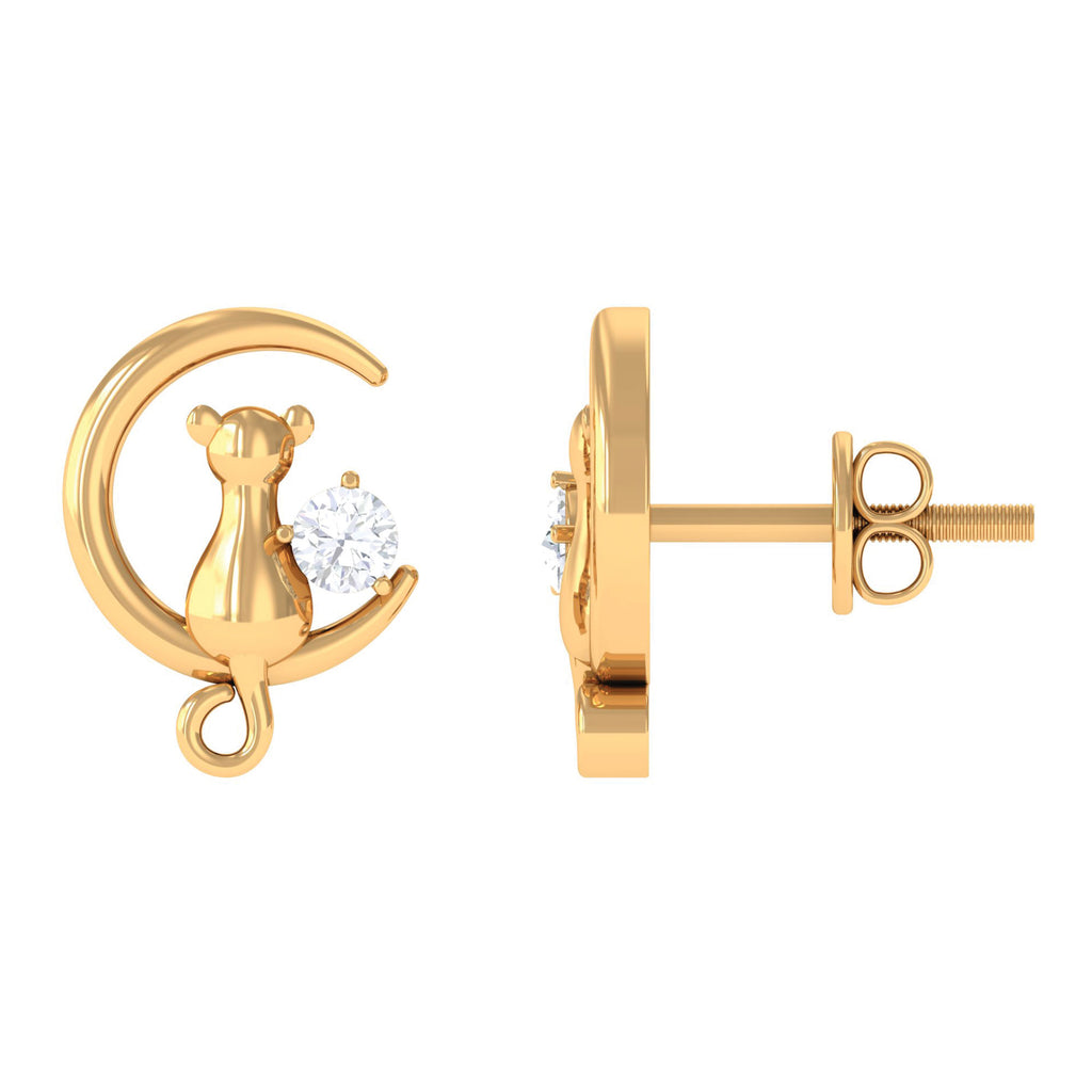 Cat Moon Stud Earrings for Women with Diamond Diamond - ( HI-SI ) - Color and Clarity - Rosec Jewels