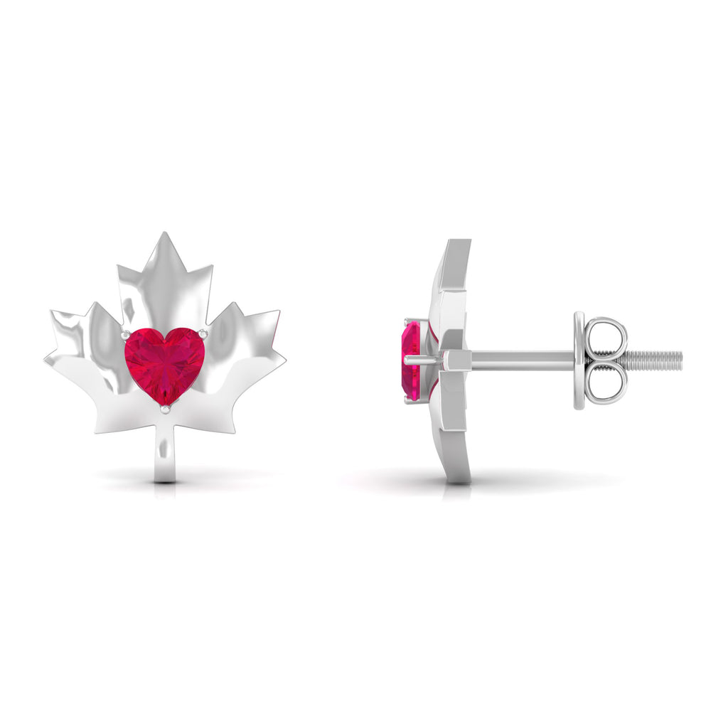 1 CT Maple Leaf Stud Earrings with Heart Shaped Ruby Ruby - ( AAA ) - Quality - Rosec Jewels