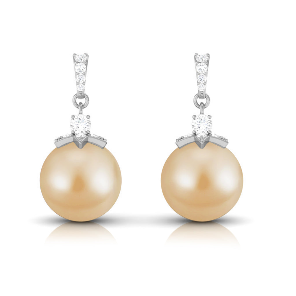 South Sea Pearl Minimal Drop Earrings with Diamond Stones South Sea Pearl - ( AAA ) - Quality - Rosec Jewels
