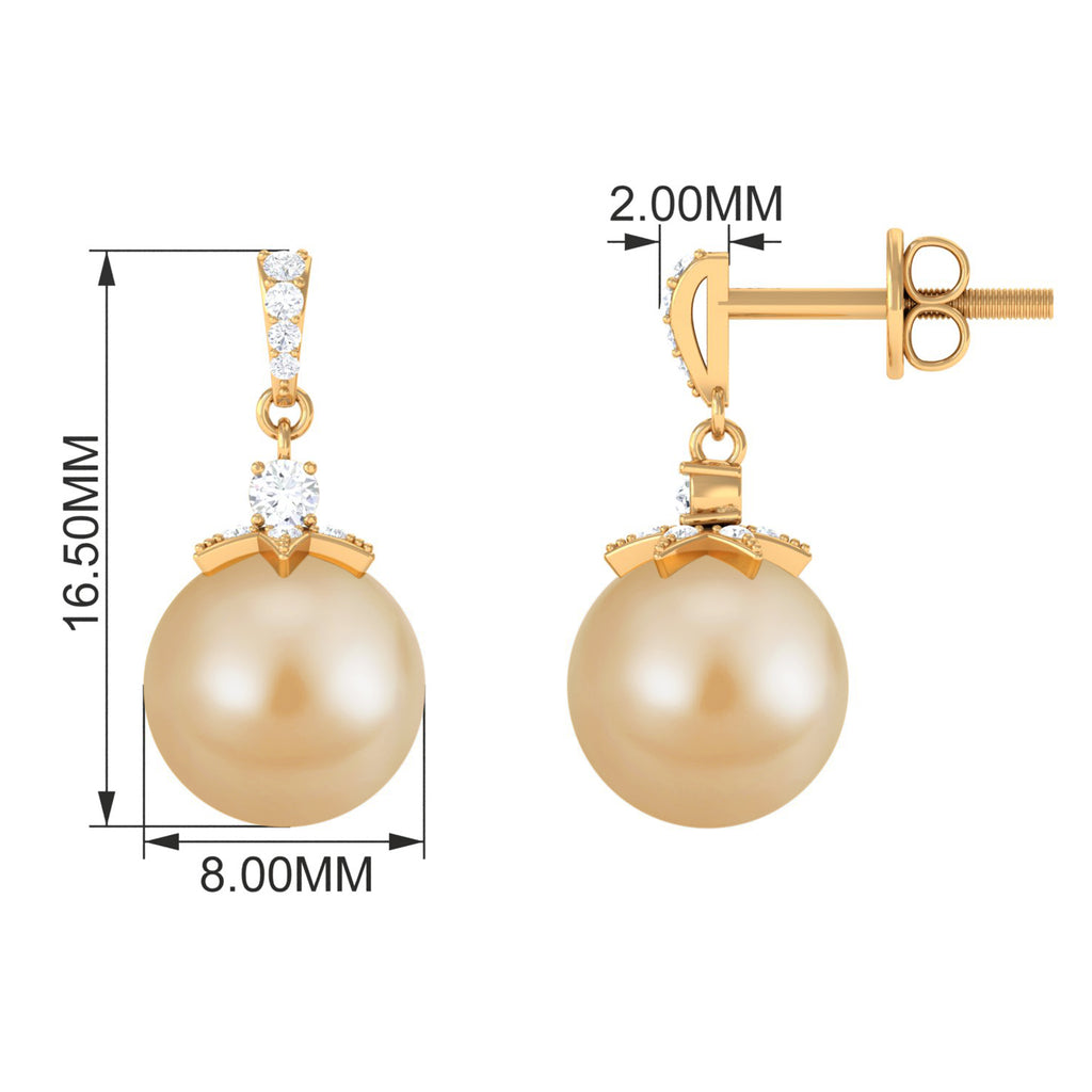 South Sea Pearl Minimal Drop Earrings with Diamond Stones South Sea Pearl - ( AAA ) - Quality - Rosec Jewels