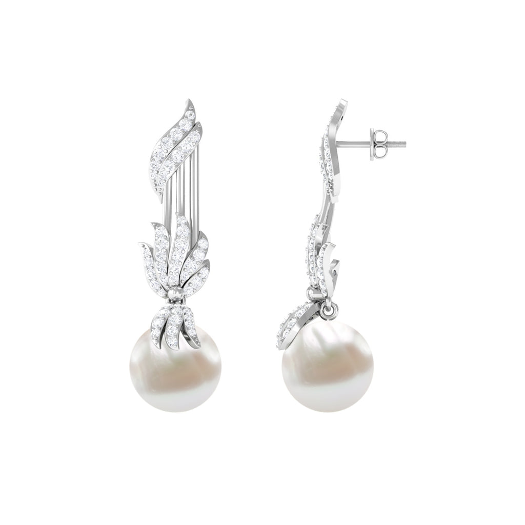 Designer Freshwater Pearl Dangle Earrings with Diamond Accent Freshwater Pearl - ( AAA ) - Quality - Rosec Jewels