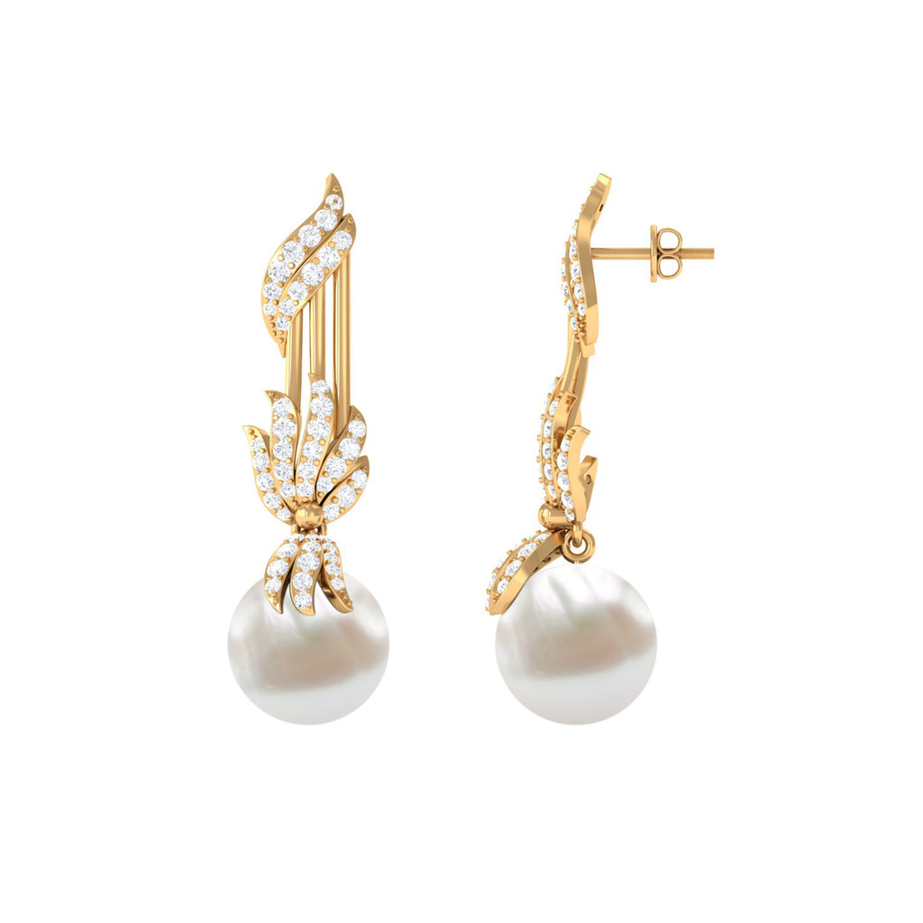 Rosec Jewels - Designer Freshwater Pearl Dangle Earrings with Diamond Accent