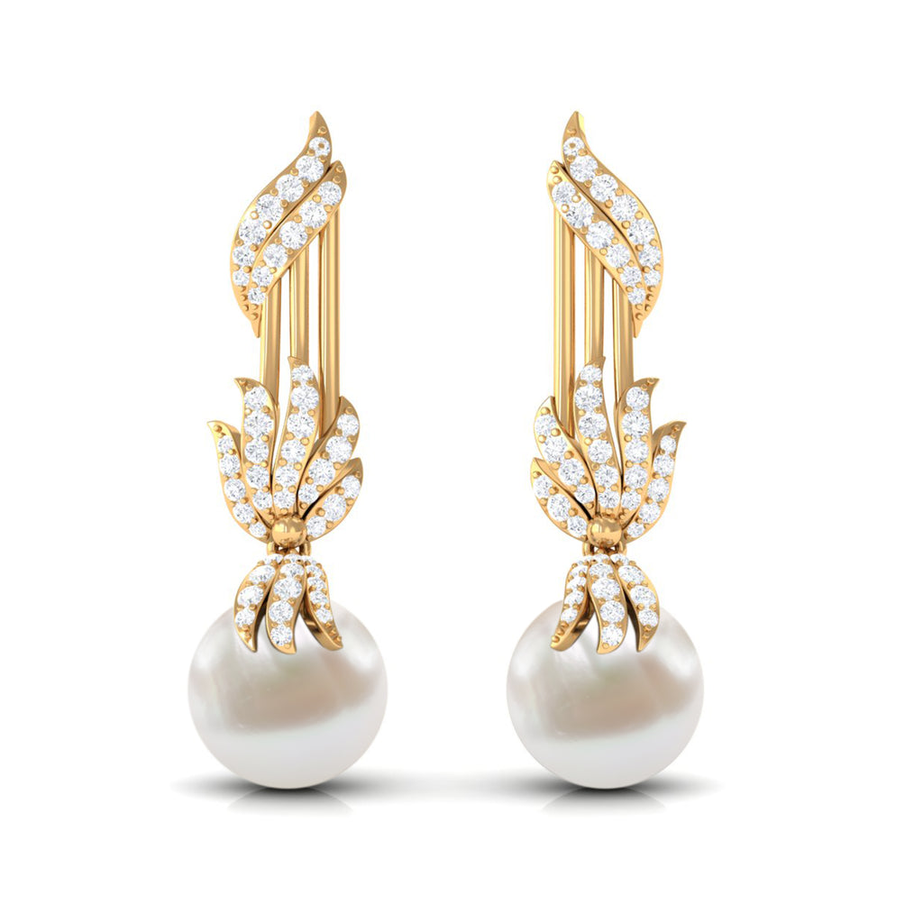 Designer Freshwater Pearl Dangle Earrings with Diamond Accent Freshwater Pearl - ( AAA ) - Quality - Rosec Jewels