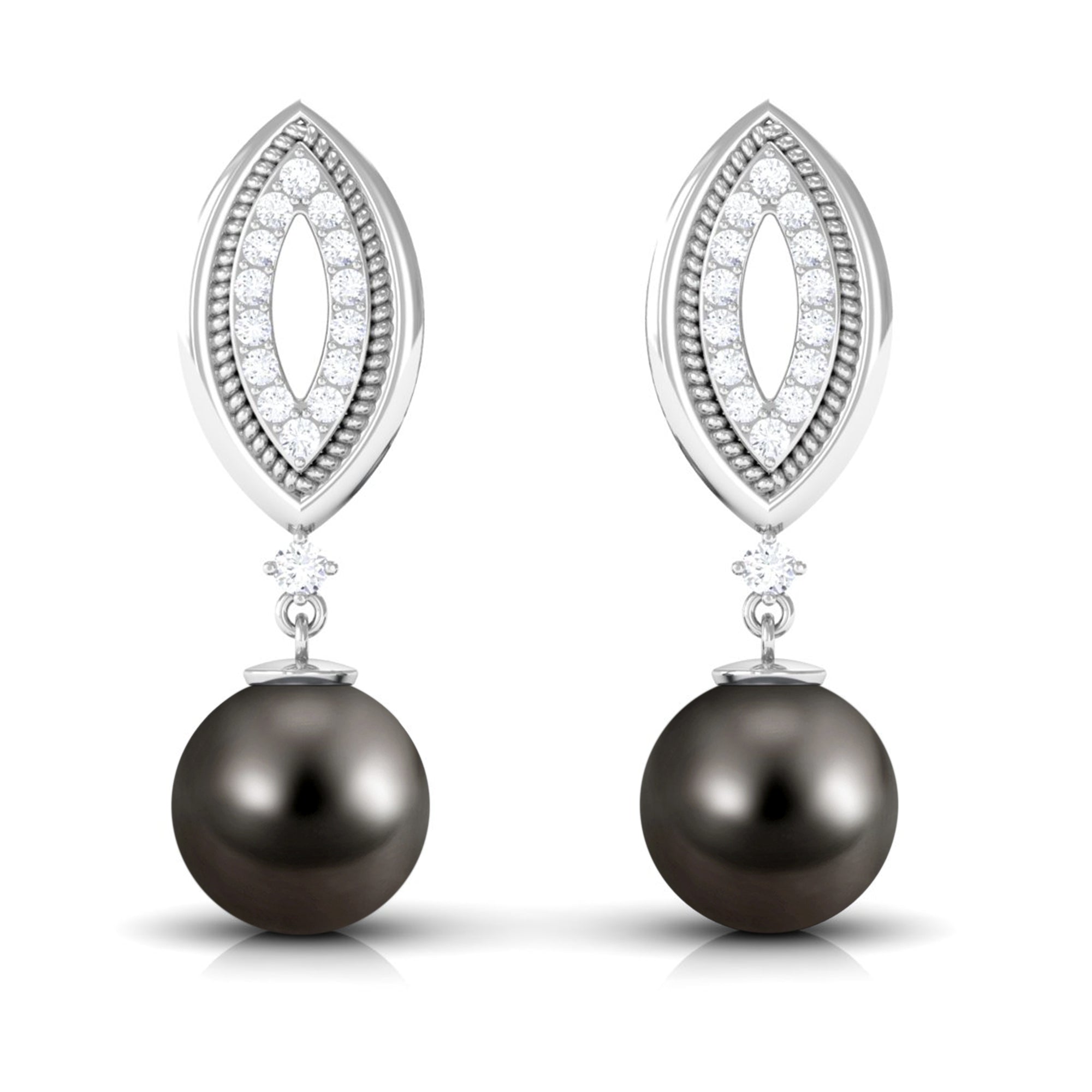 Classic Tahitian Pearl Drop Earrings with Diamonds Tahitian pearl - ( AAA ) - Quality - Rosec Jewels