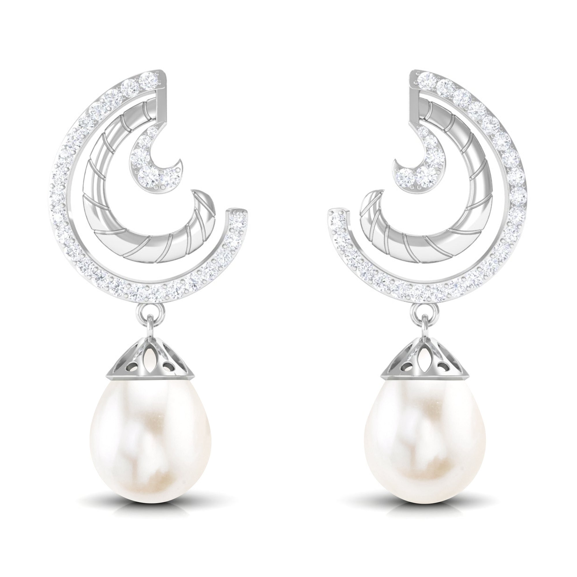 Freshwater Pearl Drop Earrings with Diamond Freshwater Pearl - ( AAA ) - Quality - Rosec Jewels