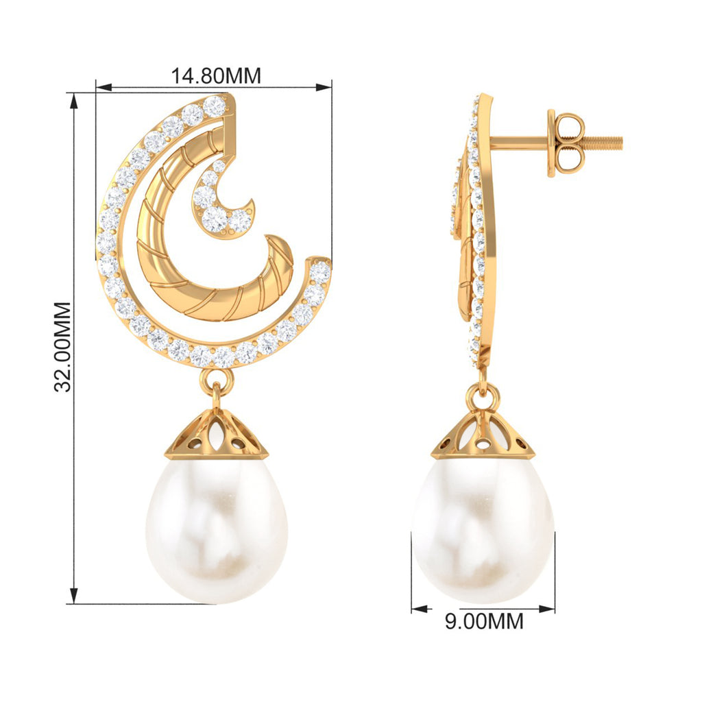 Freshwater Pearl Drop Earrings with Diamond Freshwater Pearl - ( AAA ) - Quality - Rosec Jewels