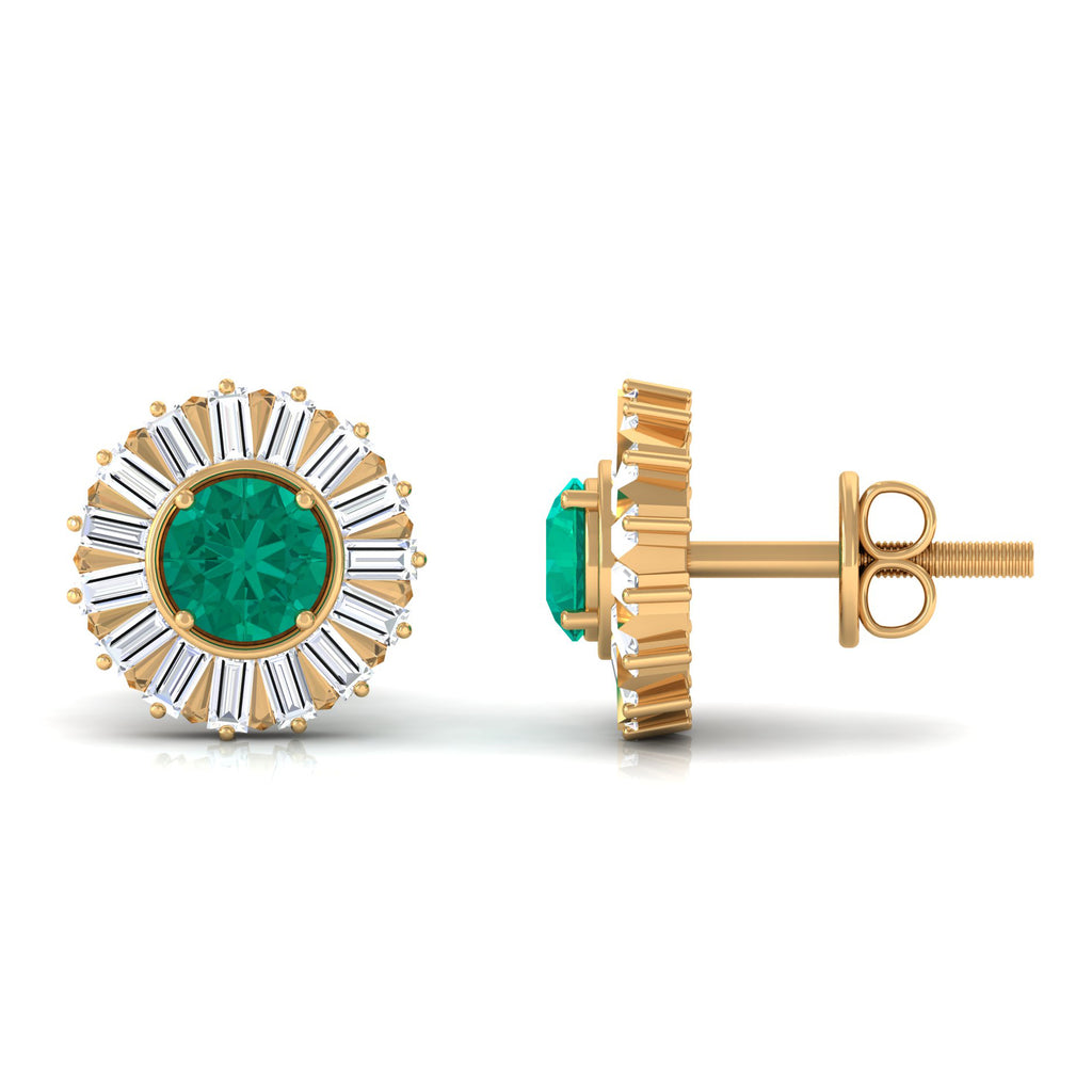 1 CT Prong Set Emerald Stud Earrings with Baguette Diamond Halo Emerald - ( AAA ) - Quality - Rosec Jewels
