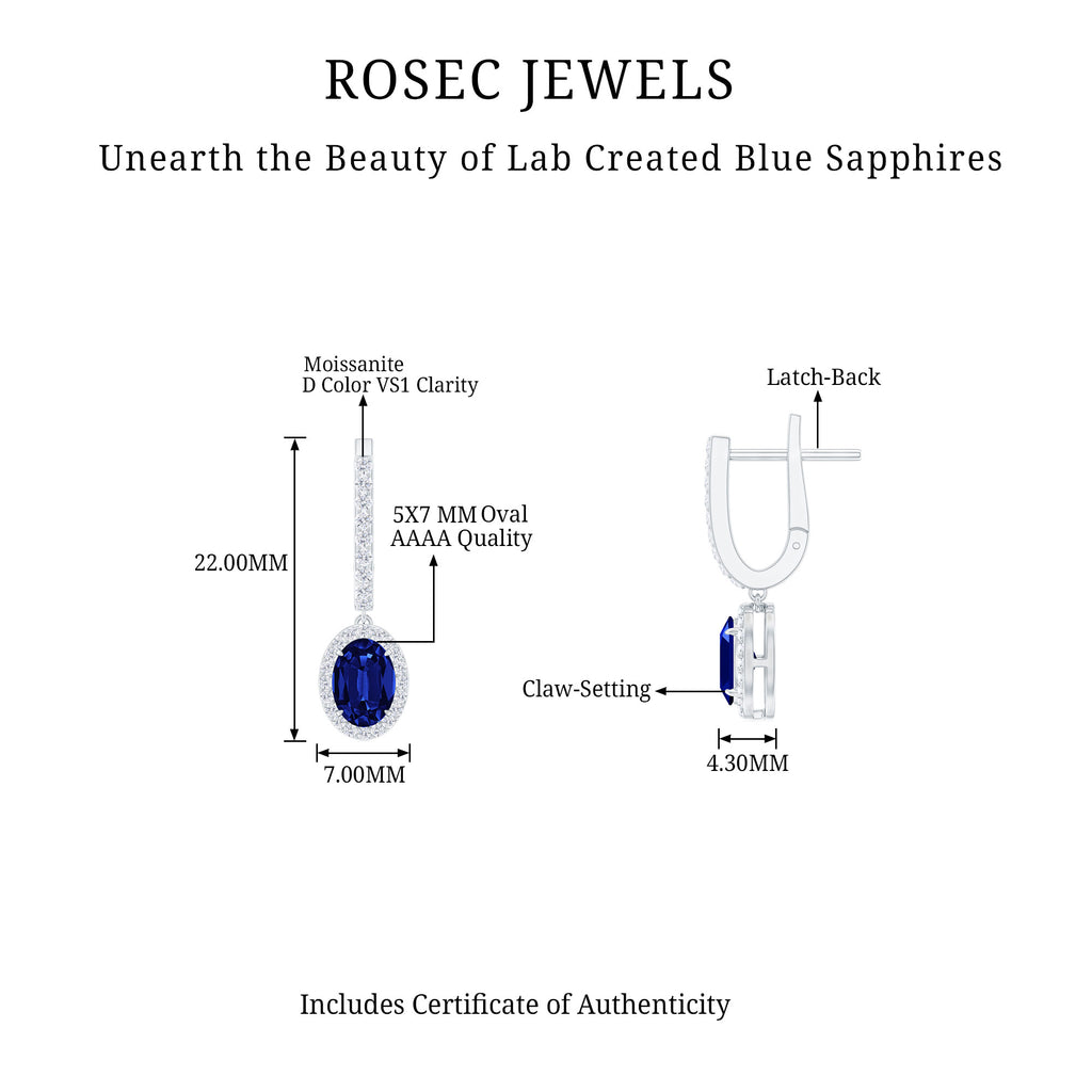 2.5 CT Hoop Drop Earrings with Created Blue Sapphire and Moissanite Halo Lab Created Blue Sapphire - ( AAAA ) - Quality - Rosec Jewels