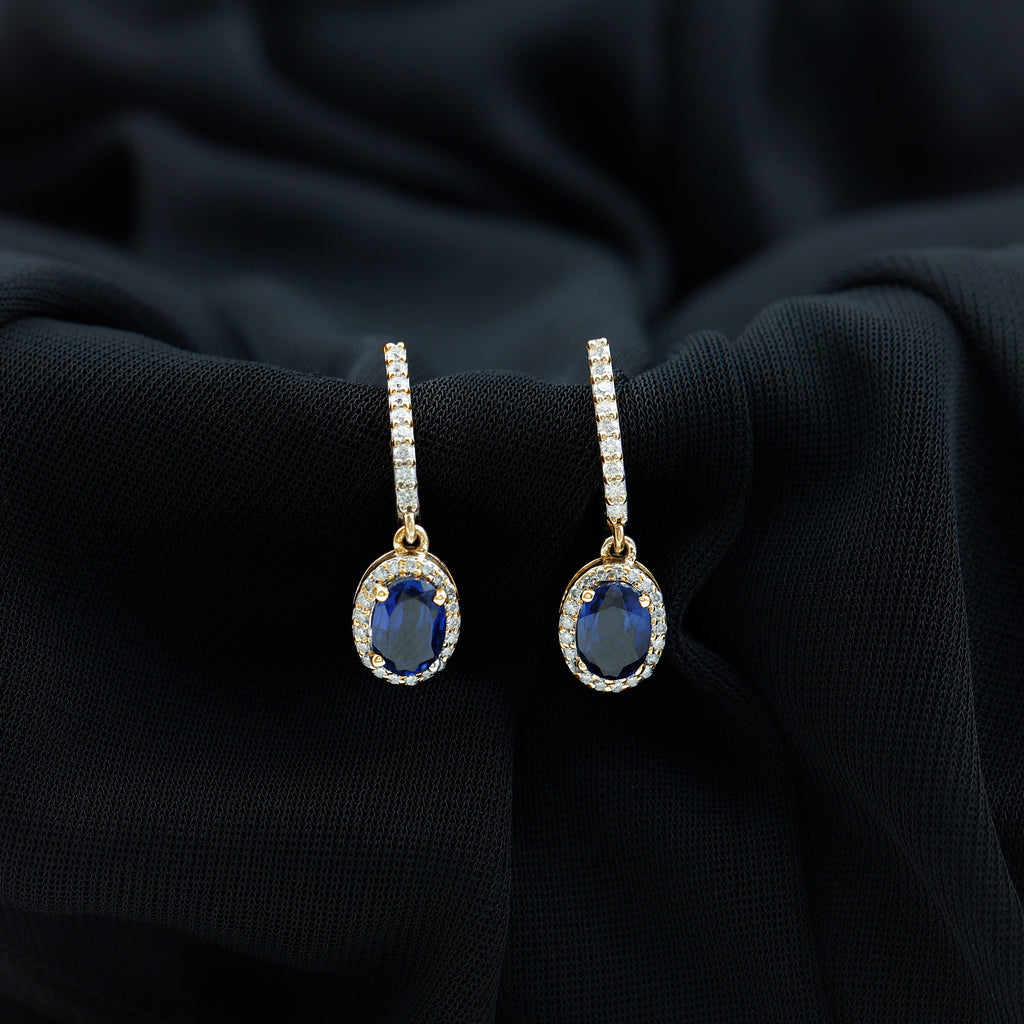 2.5 CT Hoop Drop Earrings with Created Blue Sapphire and Moissanite Halo Lab Created Blue Sapphire - ( AAAA ) - Quality - Rosec Jewels