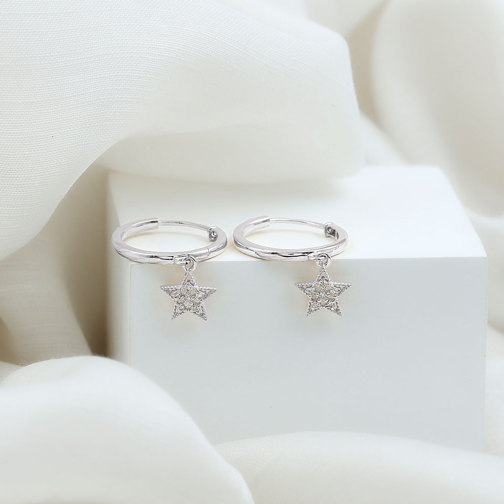 Diamond Celestial Hoop Drop Earrings with Milgrain Details Diamond - ( HI-SI ) - Color and Clarity - Rosec Jewels
