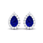 Pear Shape Lab Grown Blue Sapphire Stud Earrings with Diamond Halo Lab Created Blue Sapphire - ( AAAA ) - Quality - Rosec Jewels