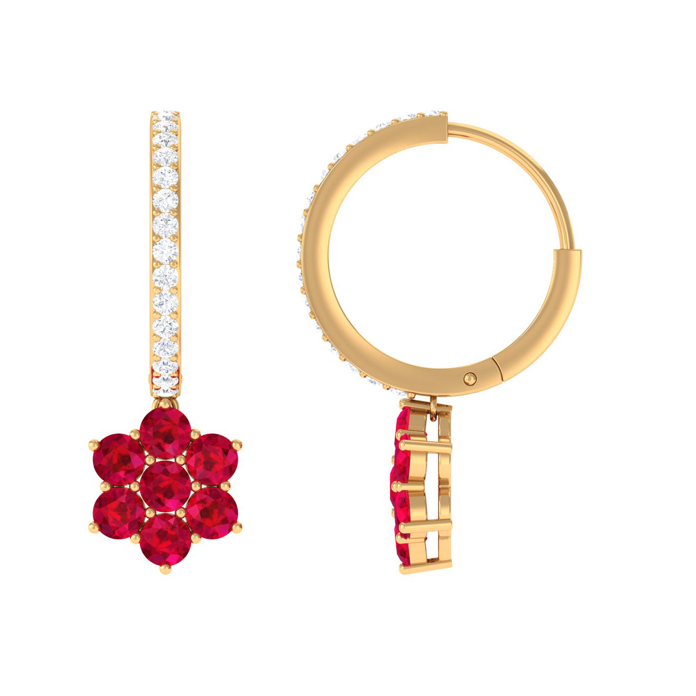 2.25 CT Created Ruby and Diamond Flower Drop Dangle Hoop Earrings Lab Created Ruby - ( AAAA ) - Quality - Rosec Jewels