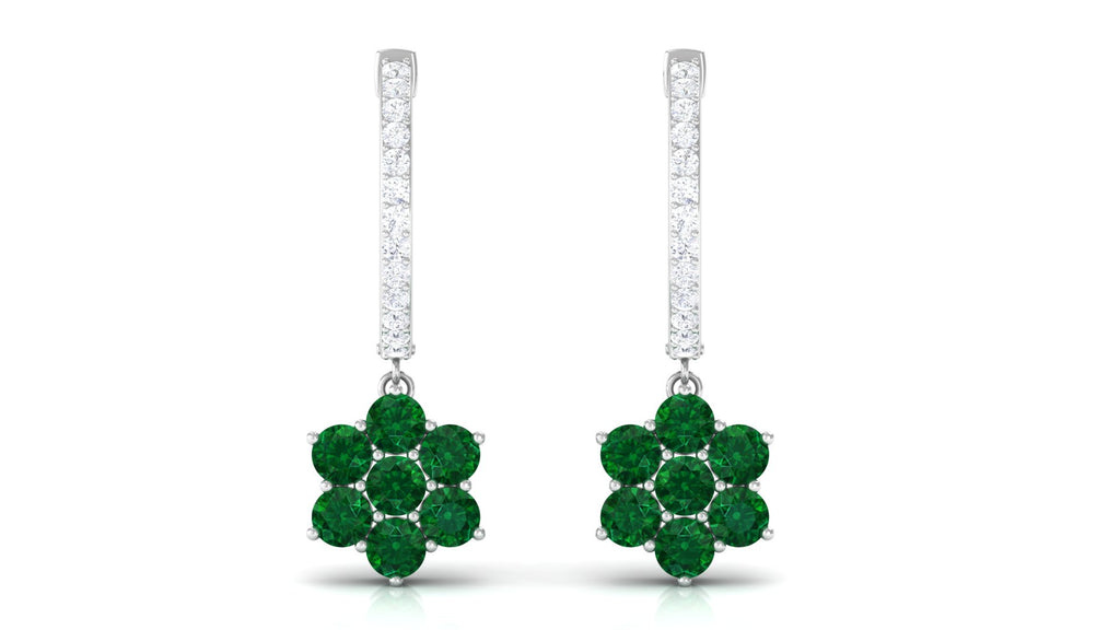 2 CT Created Emerald and Diamond Flower Drop Dangle Hoop Earrings Lab Created Emerald - ( AAAA ) - Quality - Rosec Jewels