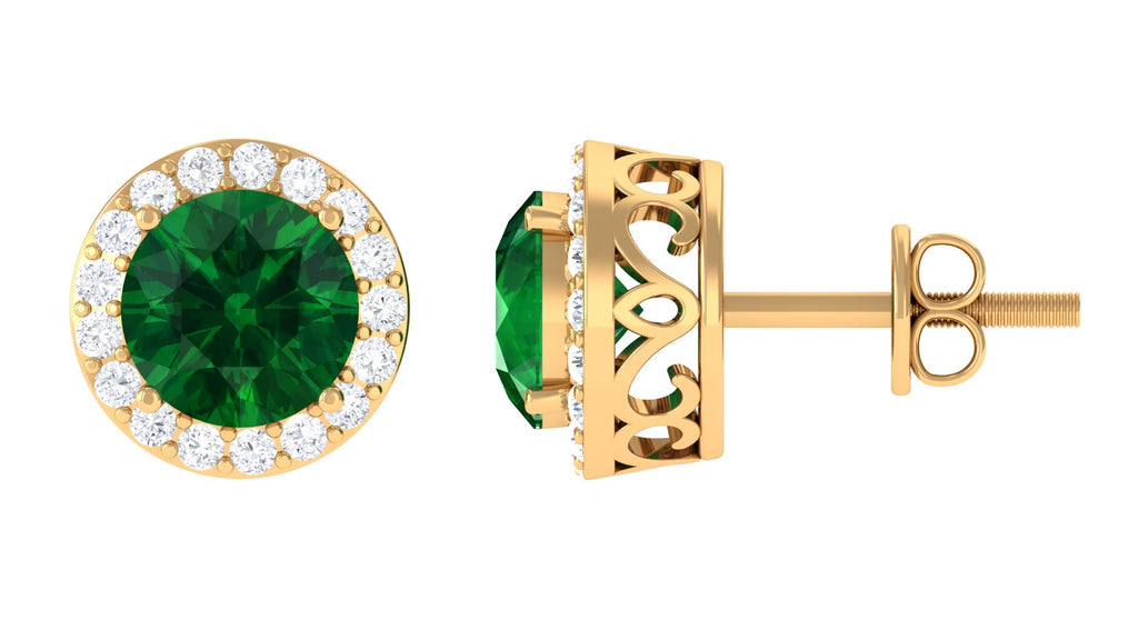 Round Created Emerald and Zircon Halo Stud Earrings Lab Created Emerald - ( AAAA ) - Quality - Rosec Jewels