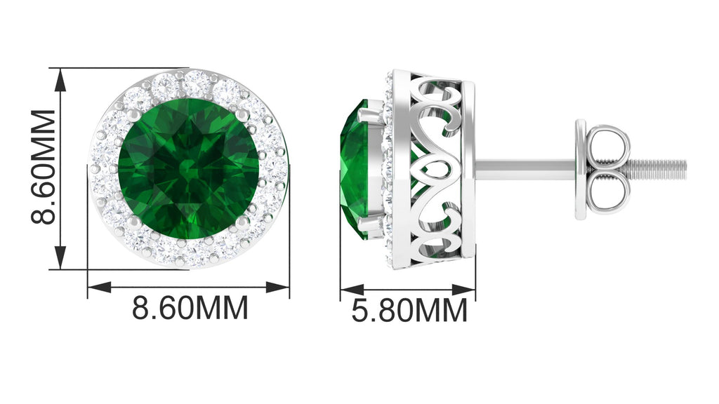Round Created Emerald and Zircon Halo Stud Earrings Lab Created Emerald - ( AAAA ) - Quality - Rosec Jewels