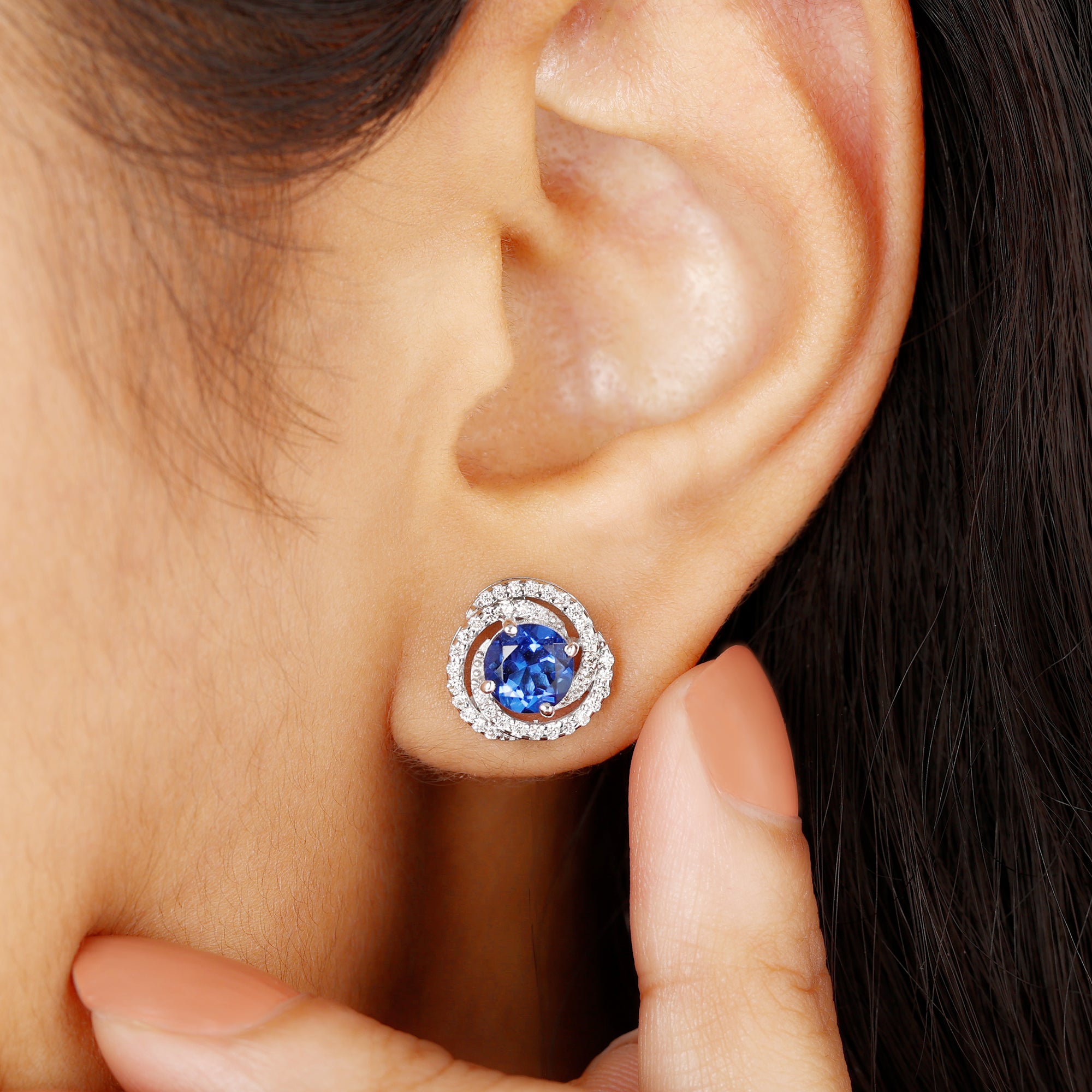 Created Blue Sapphire and Diamond Swirl Stud Earrings Lab Created Blue Sapphire - ( AAAA ) - Quality - Rosec Jewels