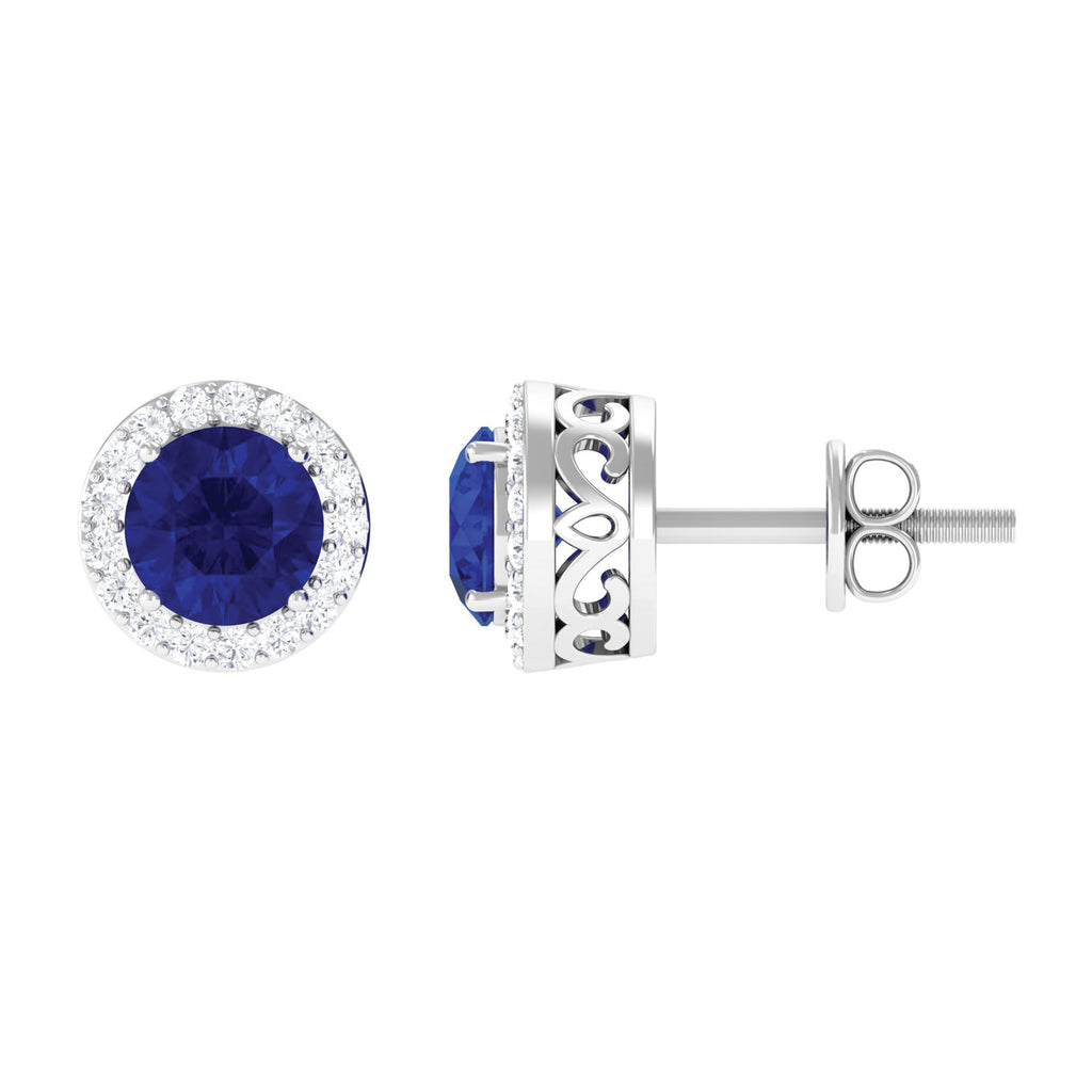Round Created Blue Sapphire Halo Stud Earrings with Moissanite Lab Created Blue Sapphire - ( AAAA ) - Quality - Rosec Jewels