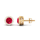 5 MM Created Ruby Halo Stud Earrings with Diamond Lab Created Ruby - ( AAAA ) - Quality - Rosec Jewels