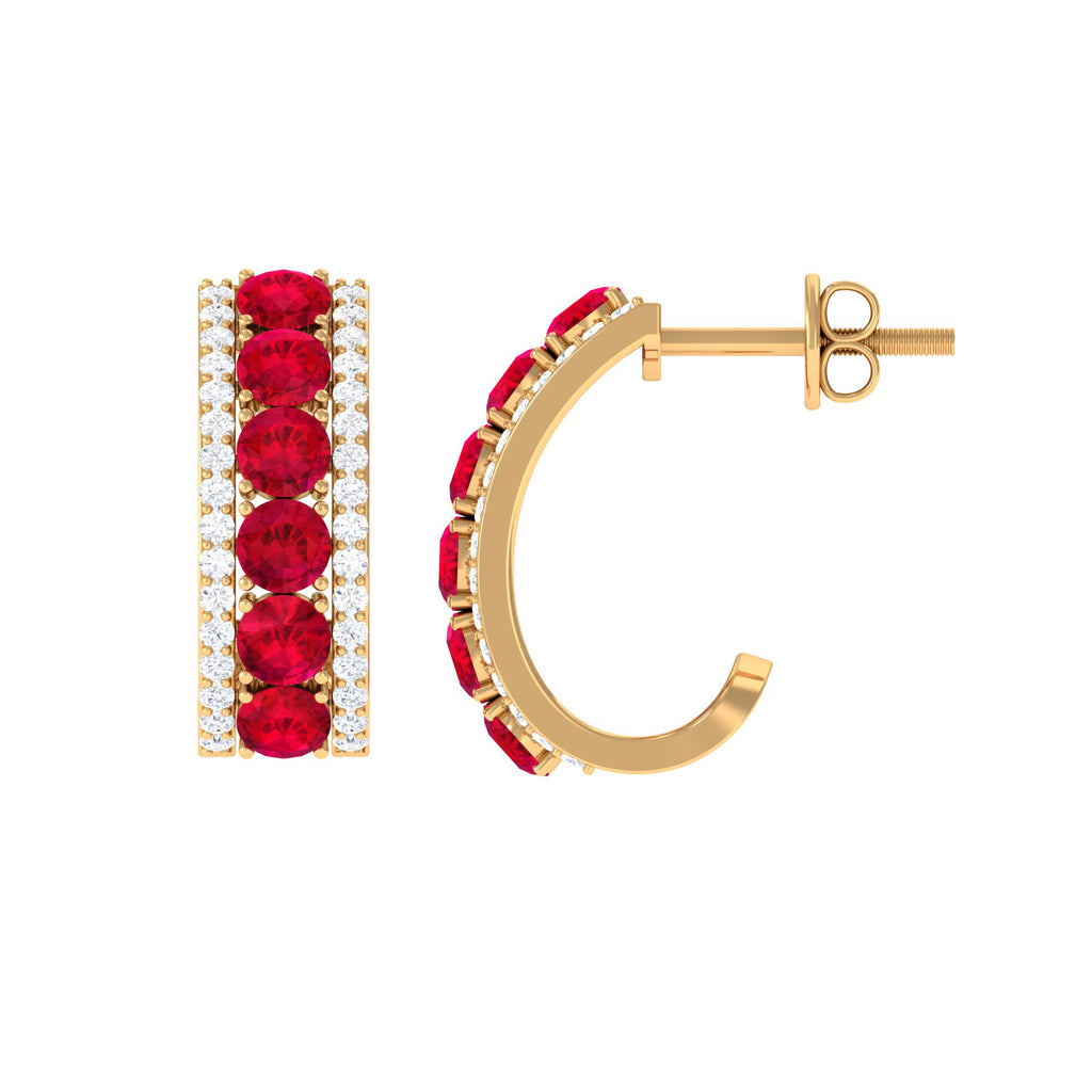 Created Ruby J Hoop Earrings with Diamond Accent Lab Created Ruby - ( AAAA ) - Quality - Rosec Jewels