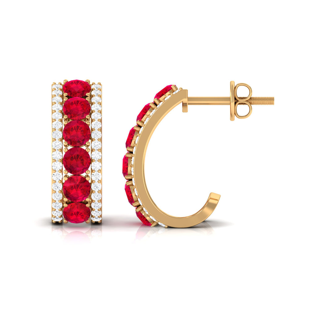 Created Ruby J Hoop Earrings with Diamond Accent Lab Created Ruby - ( AAAA ) - Quality - Rosec Jewels