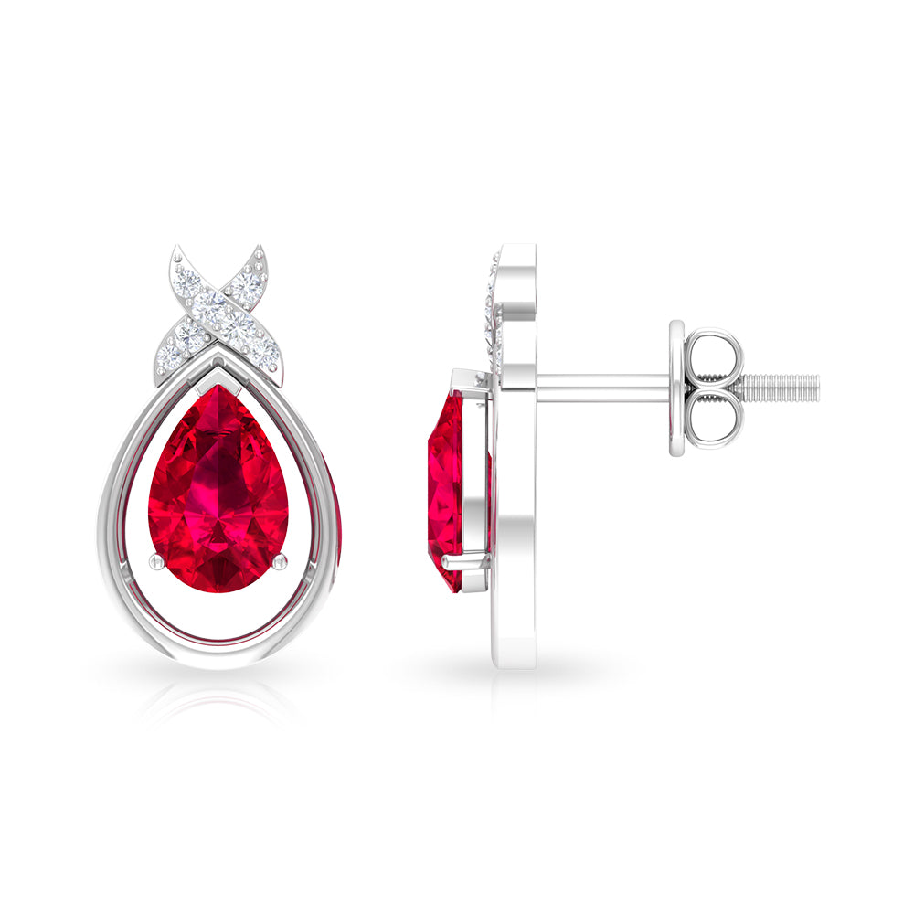Classic Created Ruby and Diamond Teardrop Stud Earrings Lab Created Ruby - ( AAAA ) - Quality - Rosec Jewels