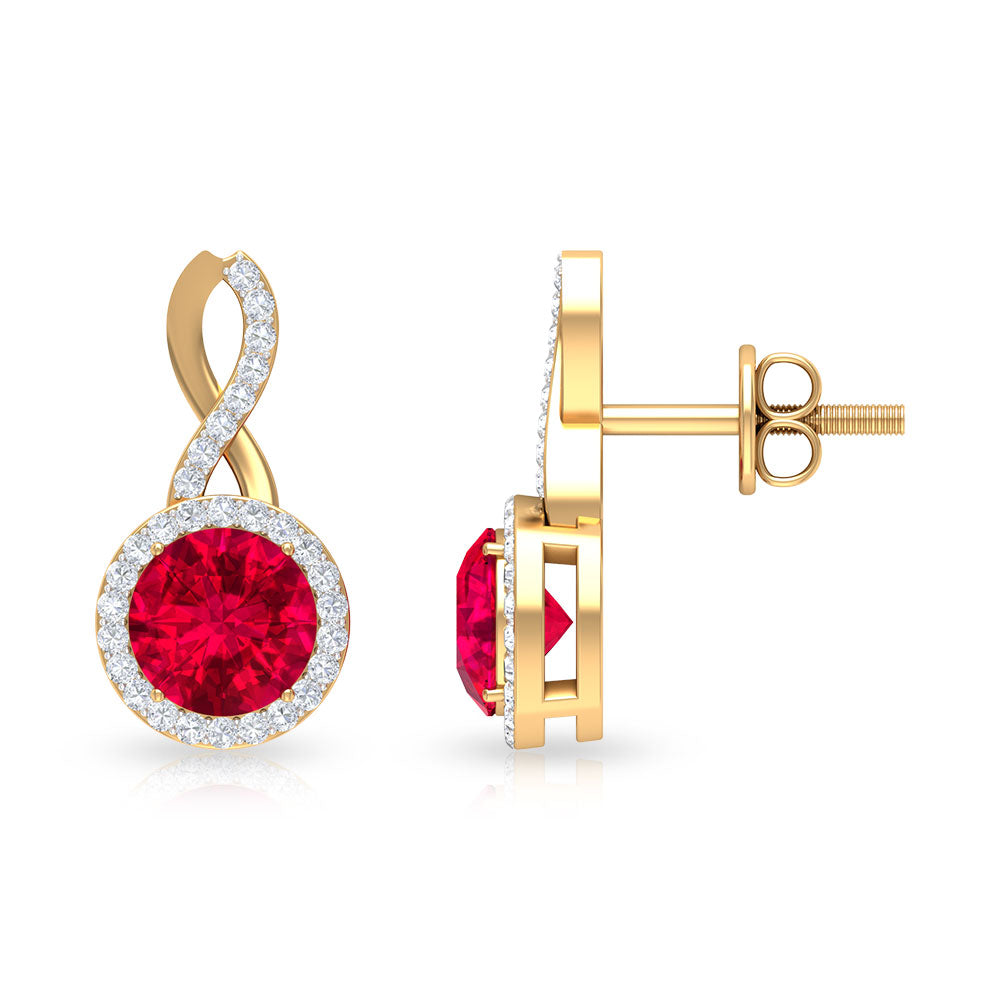 Infinity Drop Halo Earrings with 1.50 CT Diamonds and Created Ruby Lab Created Ruby - ( AAAA ) - Quality - Rosec Jewels