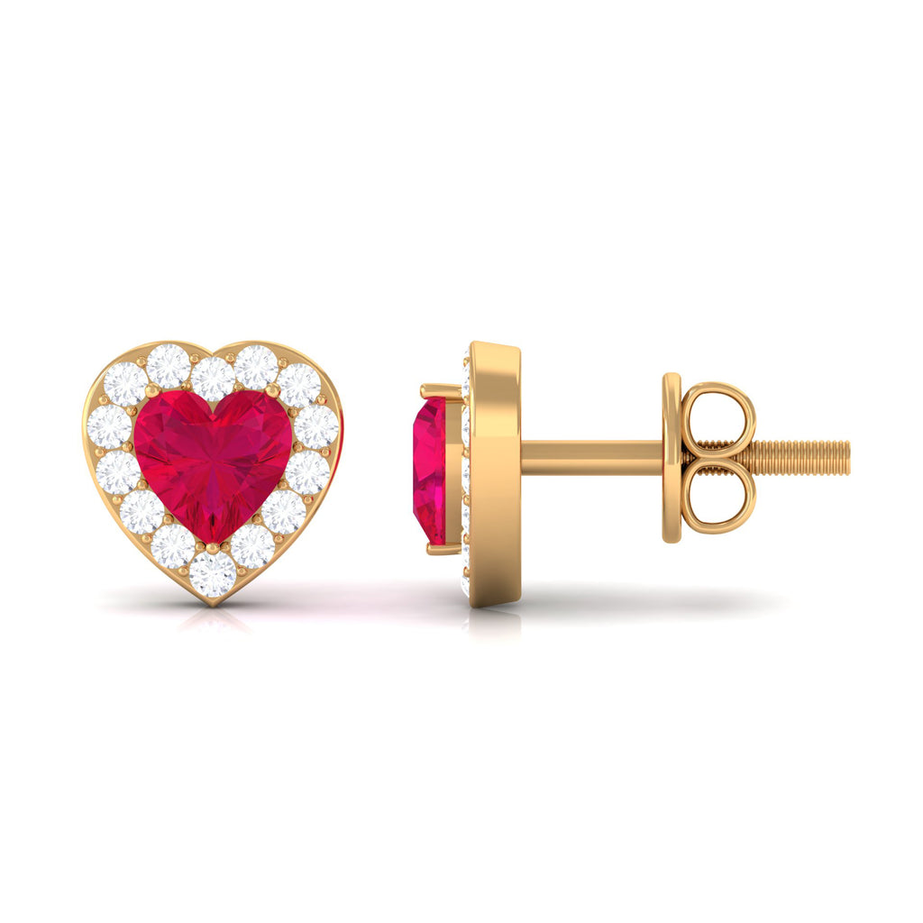 Heart Shape Ruby Stud Earrings with Diamond Halo Ruby - ( AAA ) - Quality - Rosec Jewels
