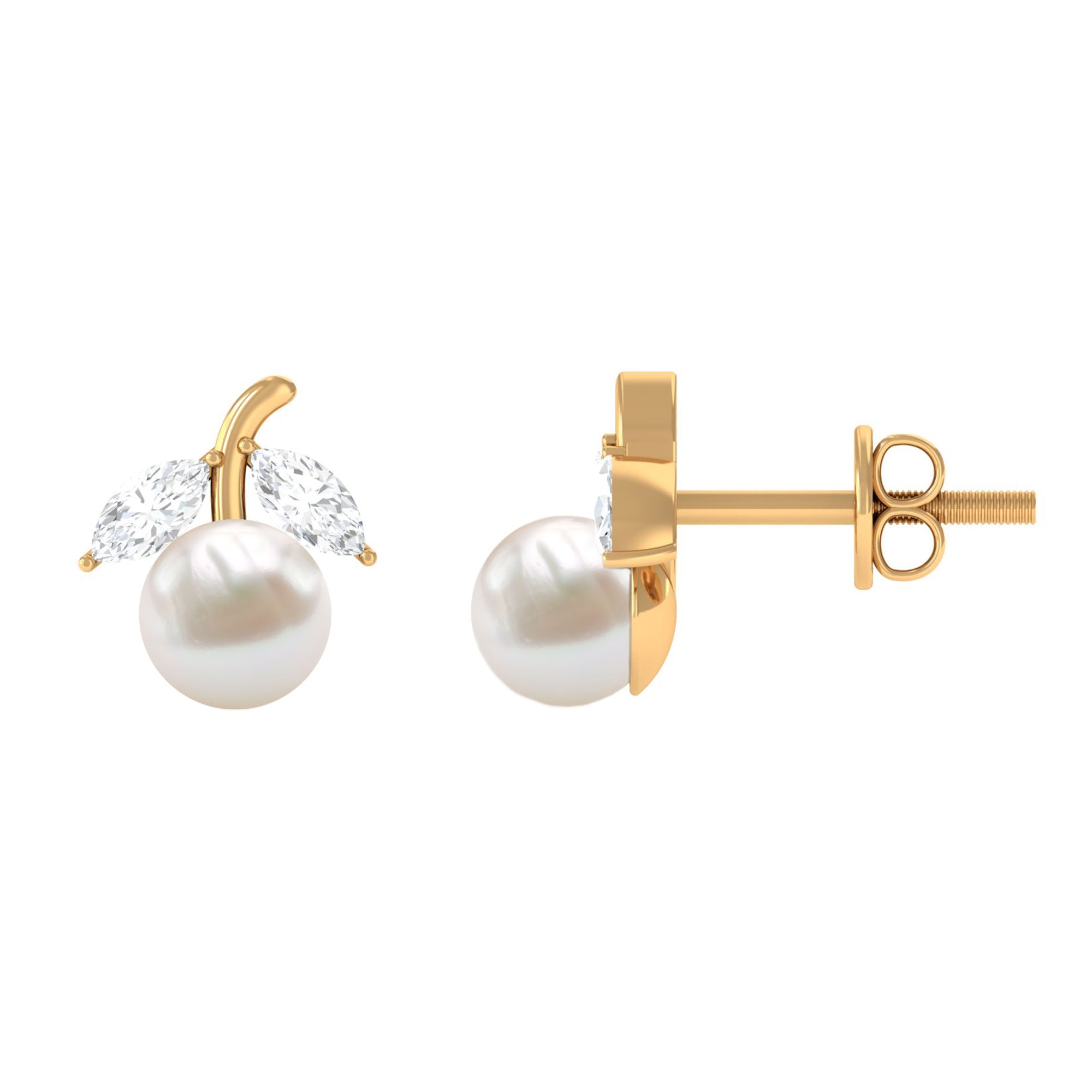 5 MM Freshwater Pearl and Diamond Fruit Stud Earring Freshwater Pearl - ( AAA ) - Quality - Rosec Jewels