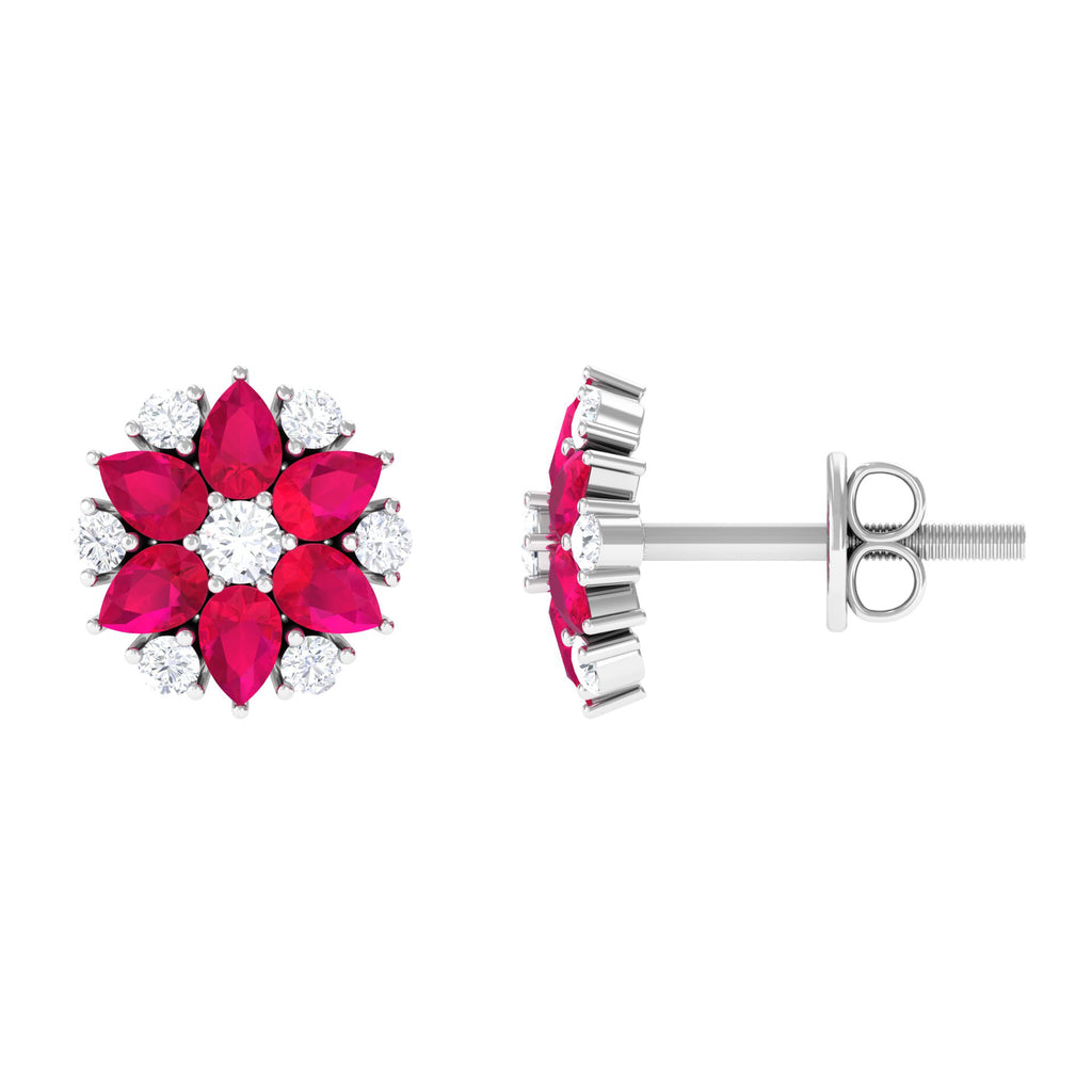 Pear Cut Ruby and Diamond Flower Stud Earrings Ruby - ( AAA ) - Quality - Rosec Jewels