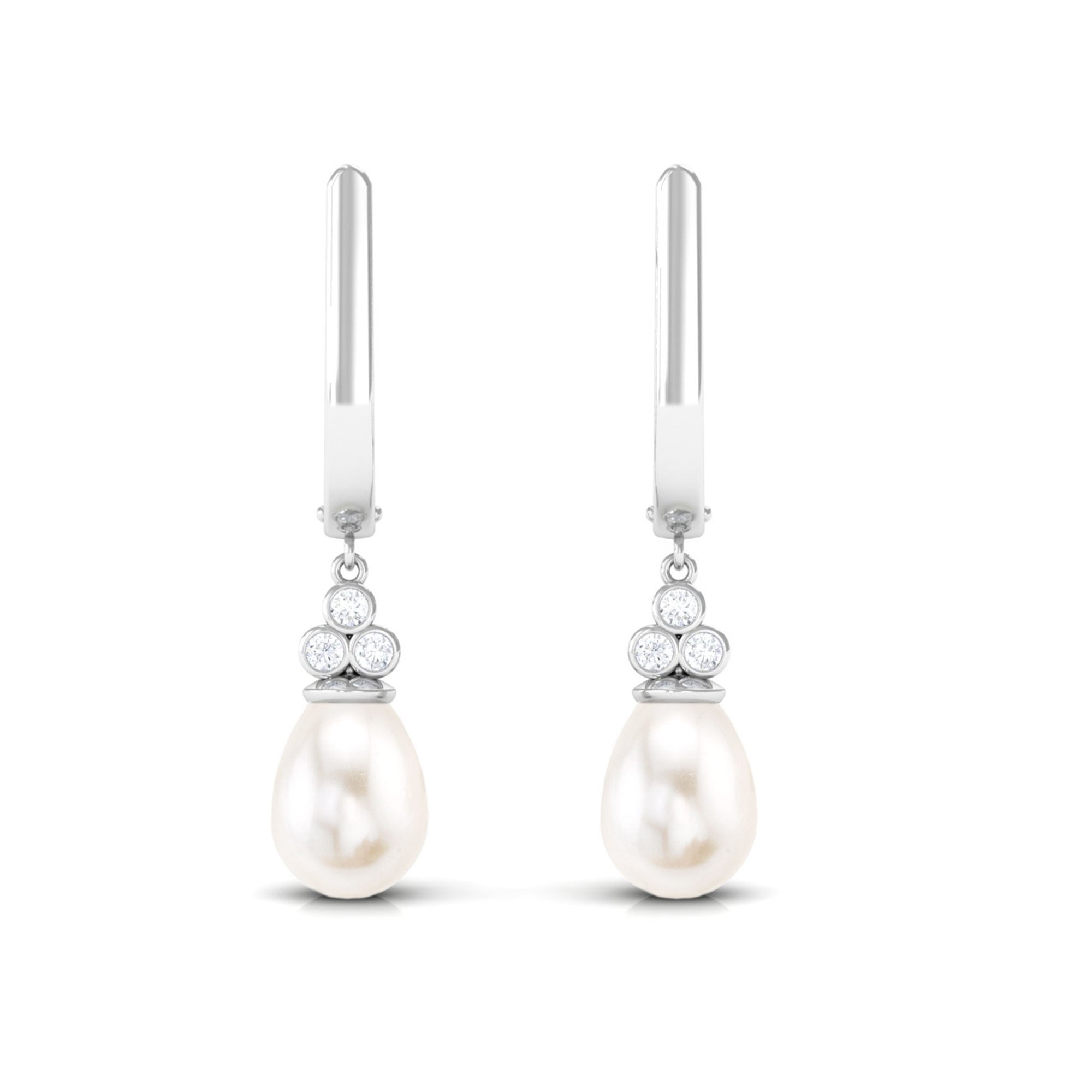 Freshwater Pearl Teardrop Latch Back Earrings with Diamond Freshwater Pearl - ( AAA ) - Quality - Rosec Jewels