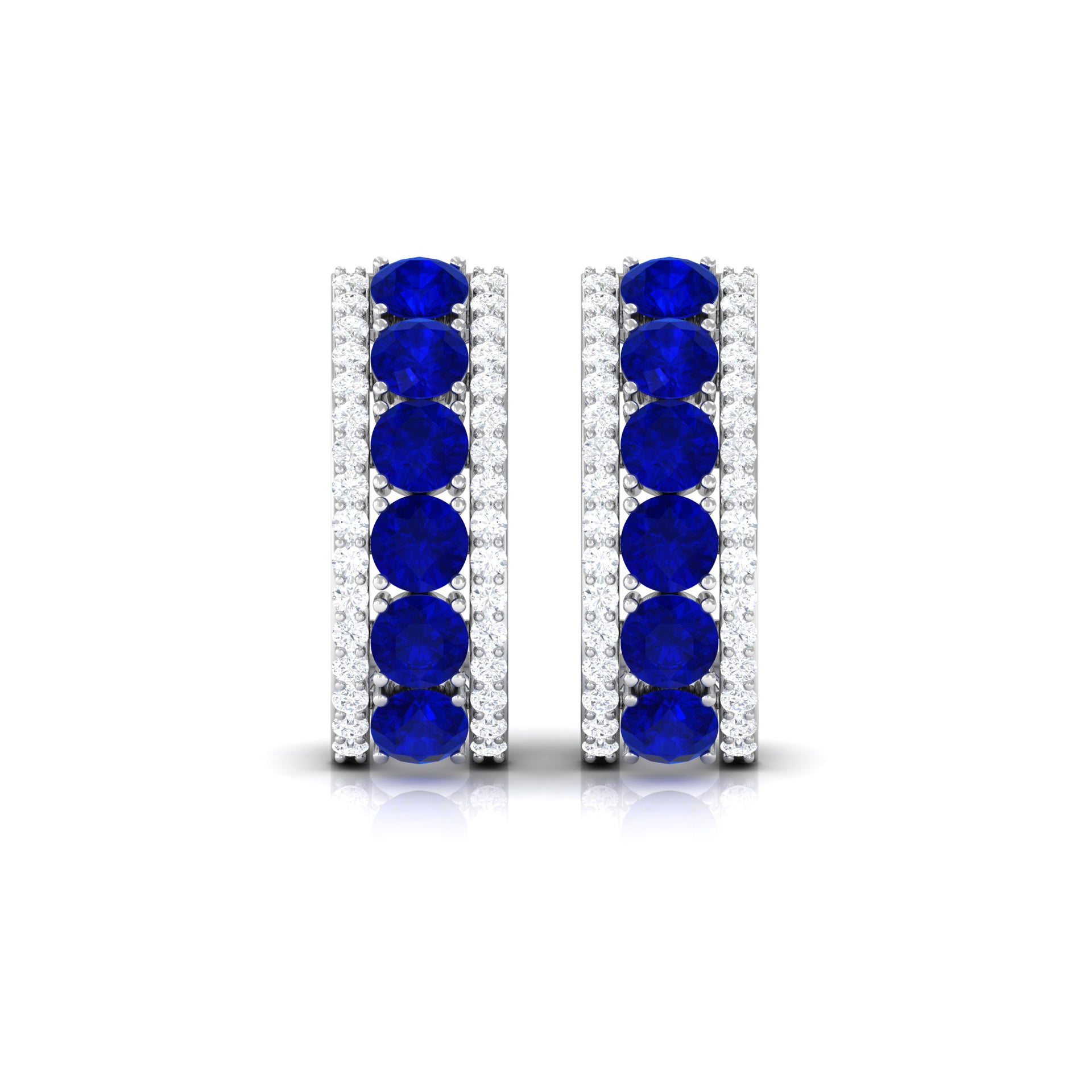 2 CT Created Blue Sapphire and Diamond J Hoop Earrings Lab Created Blue Sapphire - ( AAAA ) - Quality - Rosec Jewels